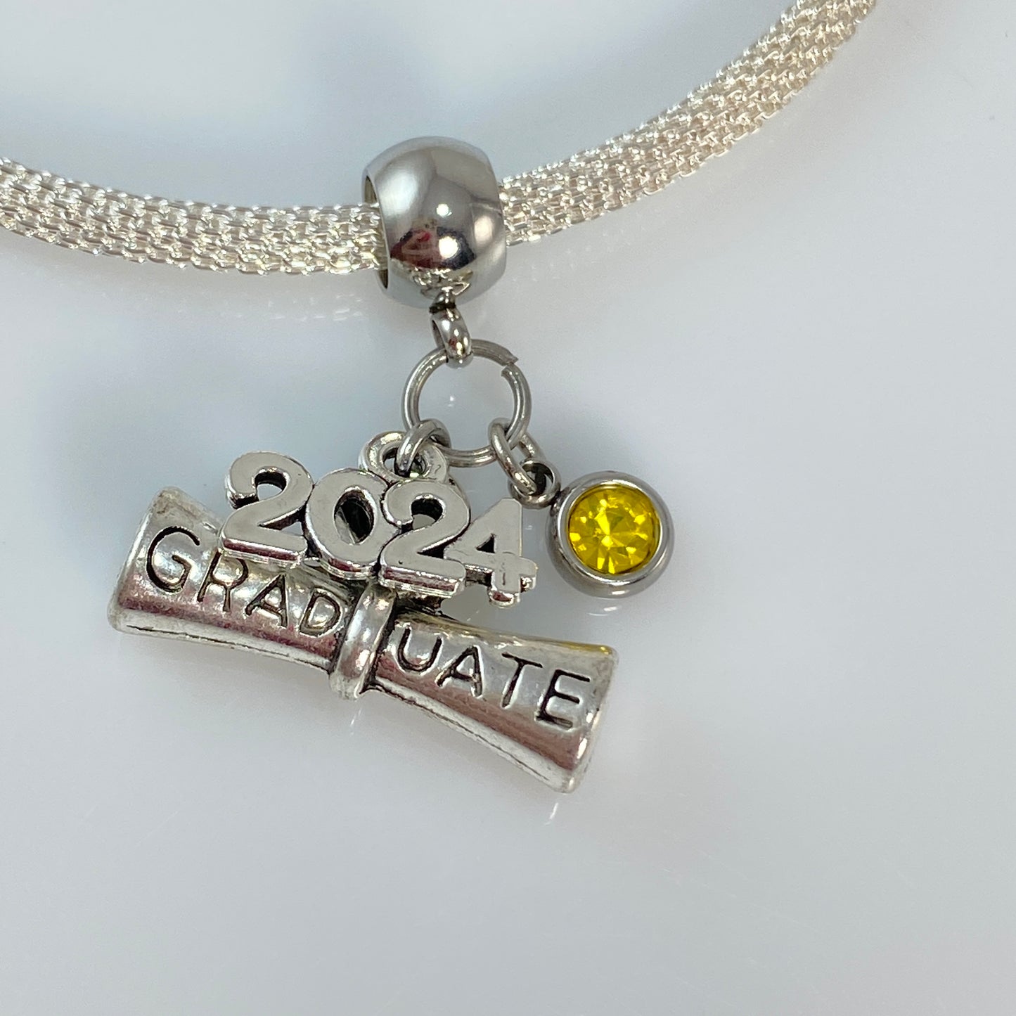Graduation Charm with Year, Letter - Initial & Birthstone on Rolo Chain Necklace