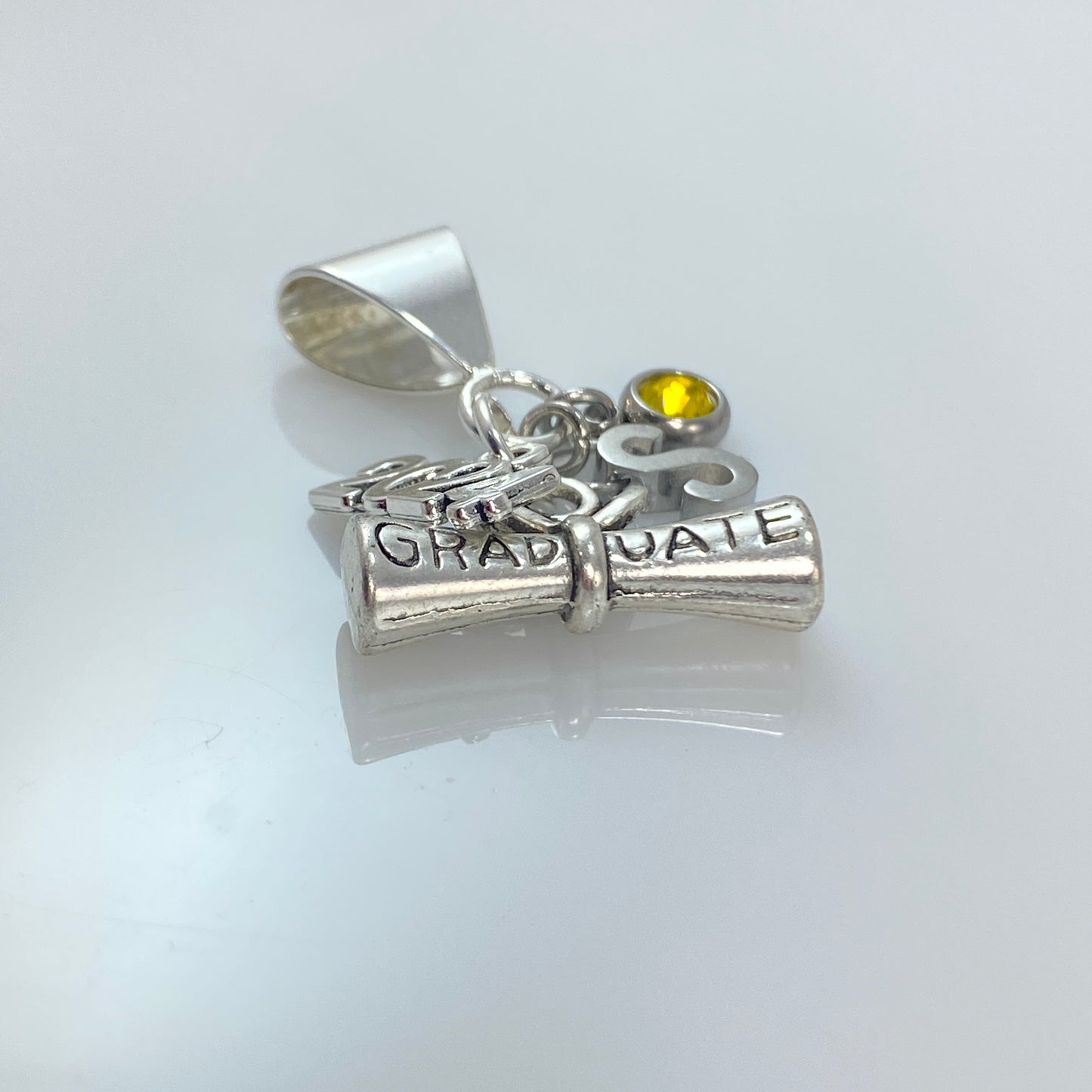 Graduation Charm with Year, Letter - Initial & Birthstone on Rolo Chain Necklace