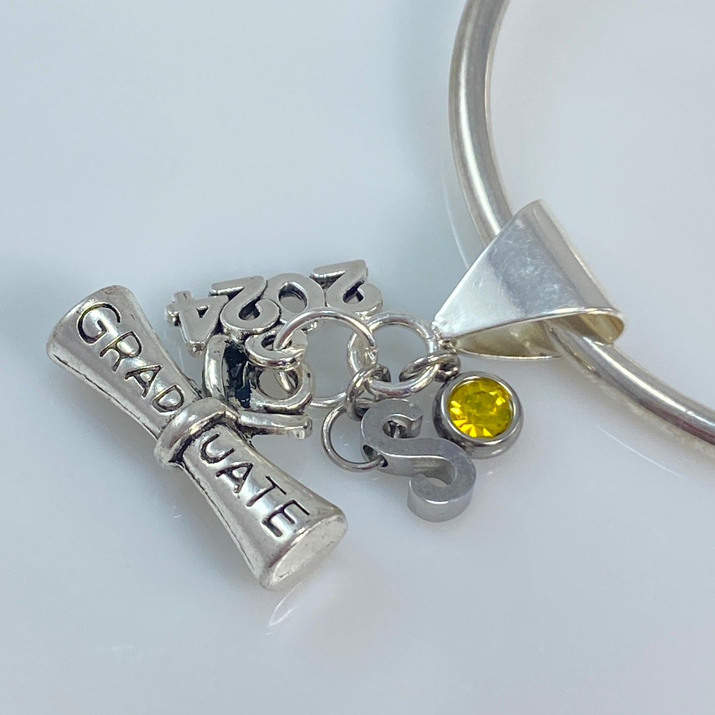 Graduation Charm with Year, Letter - Initial & Birthstone on Rolo Chain Necklace