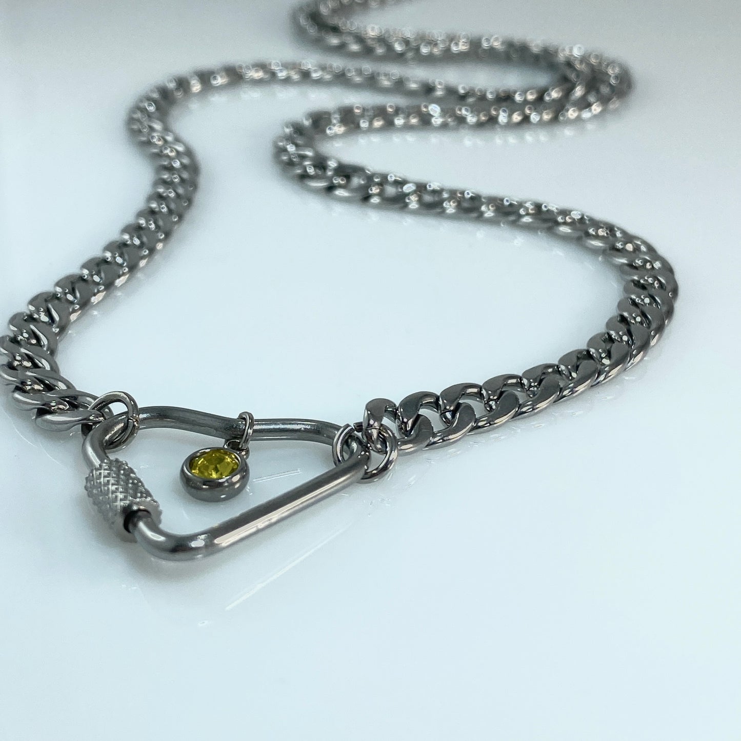 Silver Heart Carabiner & Birthstone on Miami Cuban Chain Necklace