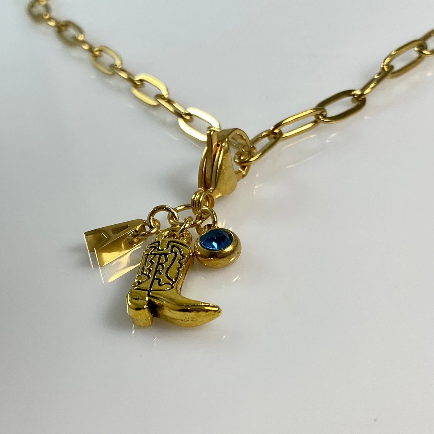 Gold Cowgirl Boot Initial Birthstone Charm