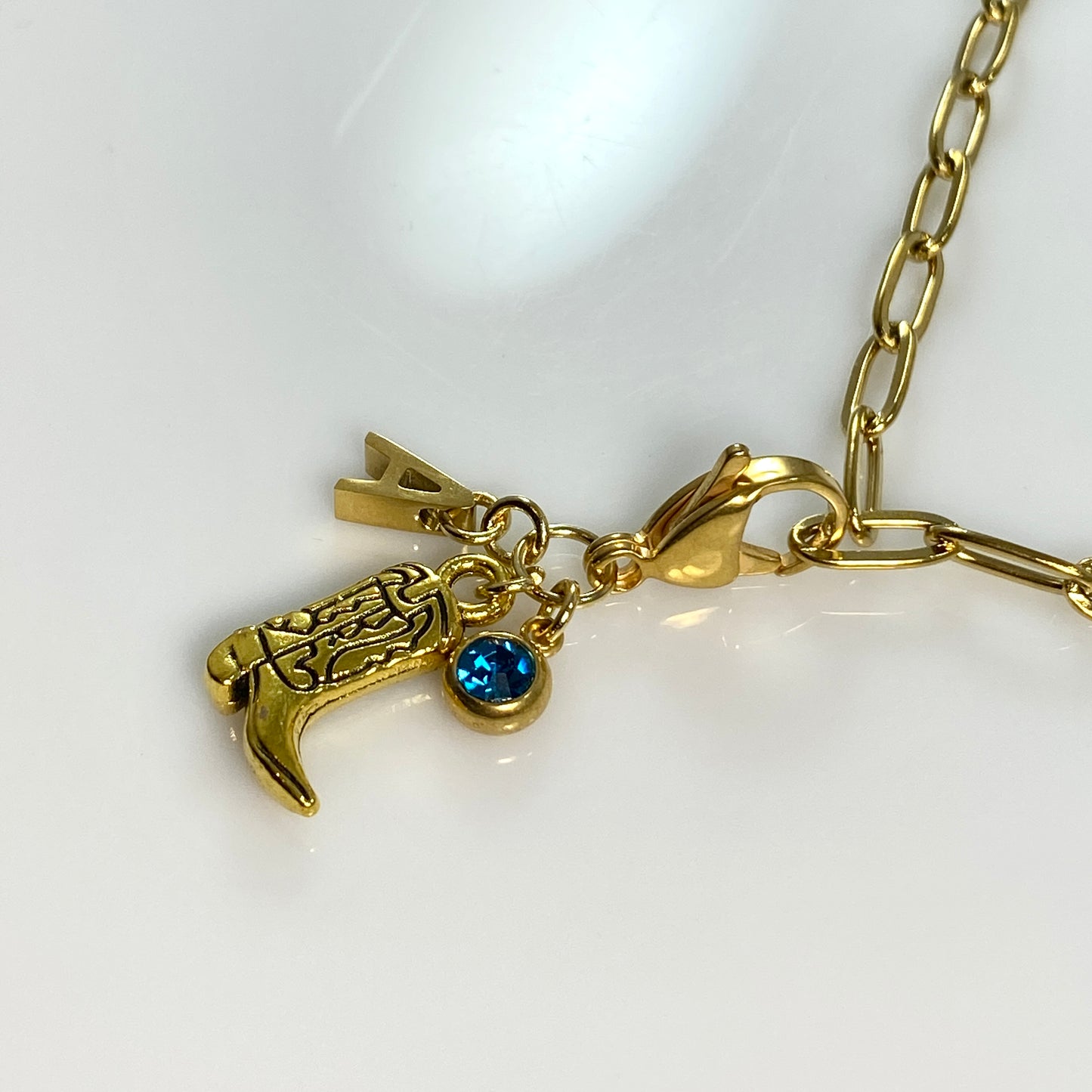 Gold Cowgirl Boot Initial Birthstone Charm