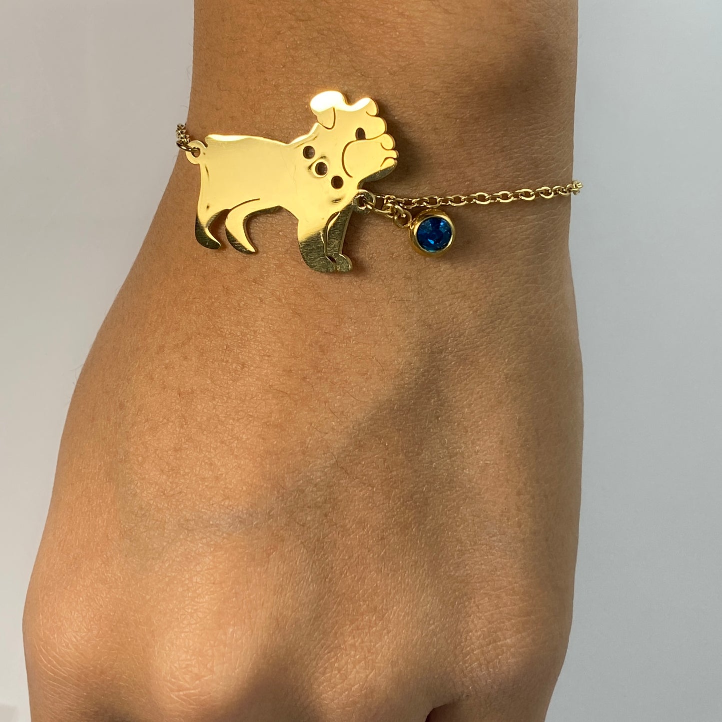 French Bulldog & Birthstone Cable Chain Bracelet