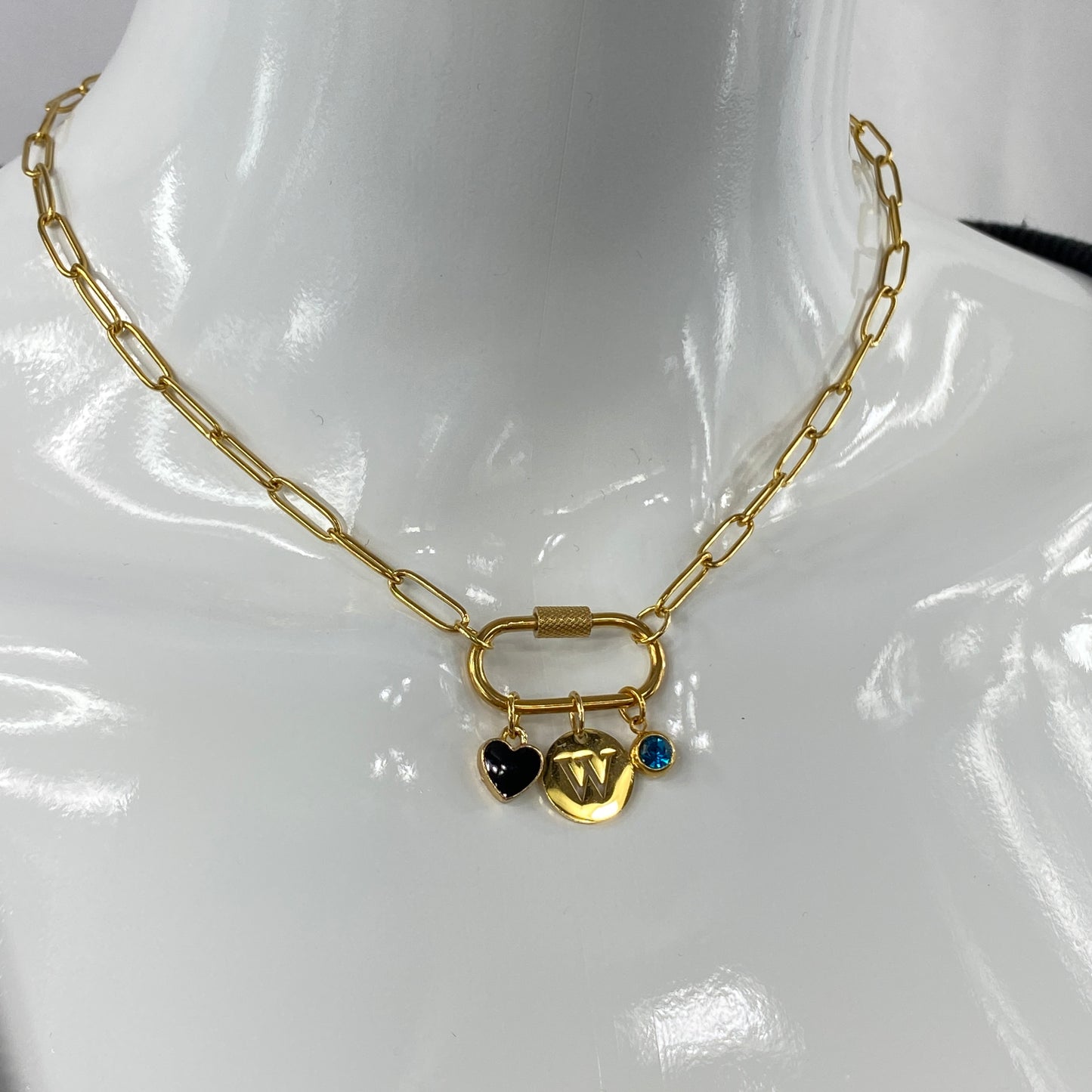 Oval Carabiner Heart, Initial Letter & Birthstone Charms on Paperclip Chain Necklace