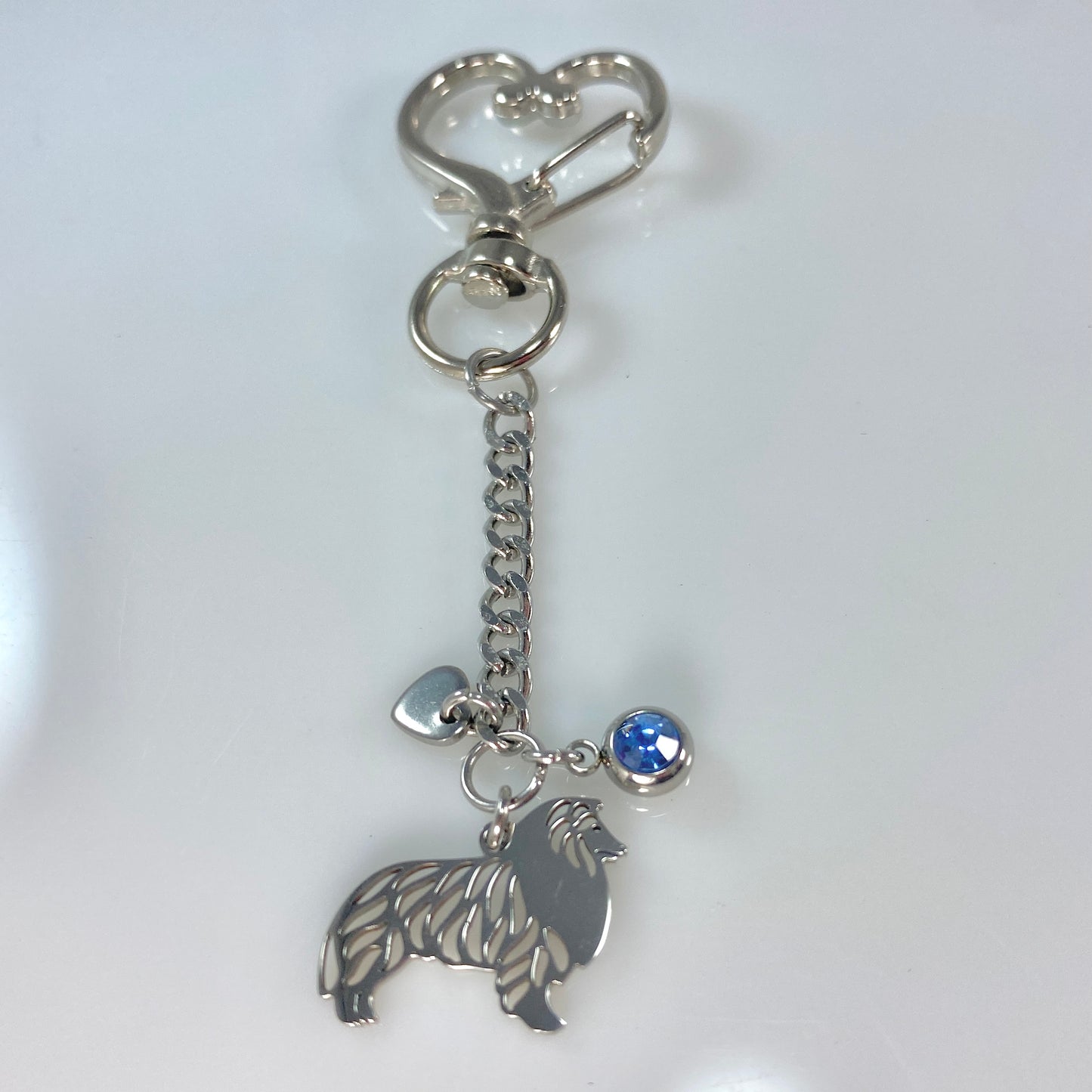 Collie Dog & Birthstone on Heart Keychain