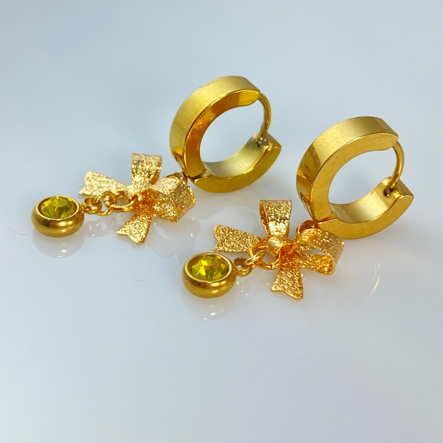 Gold Bows & Birthstone Huggie Hoop Earrings