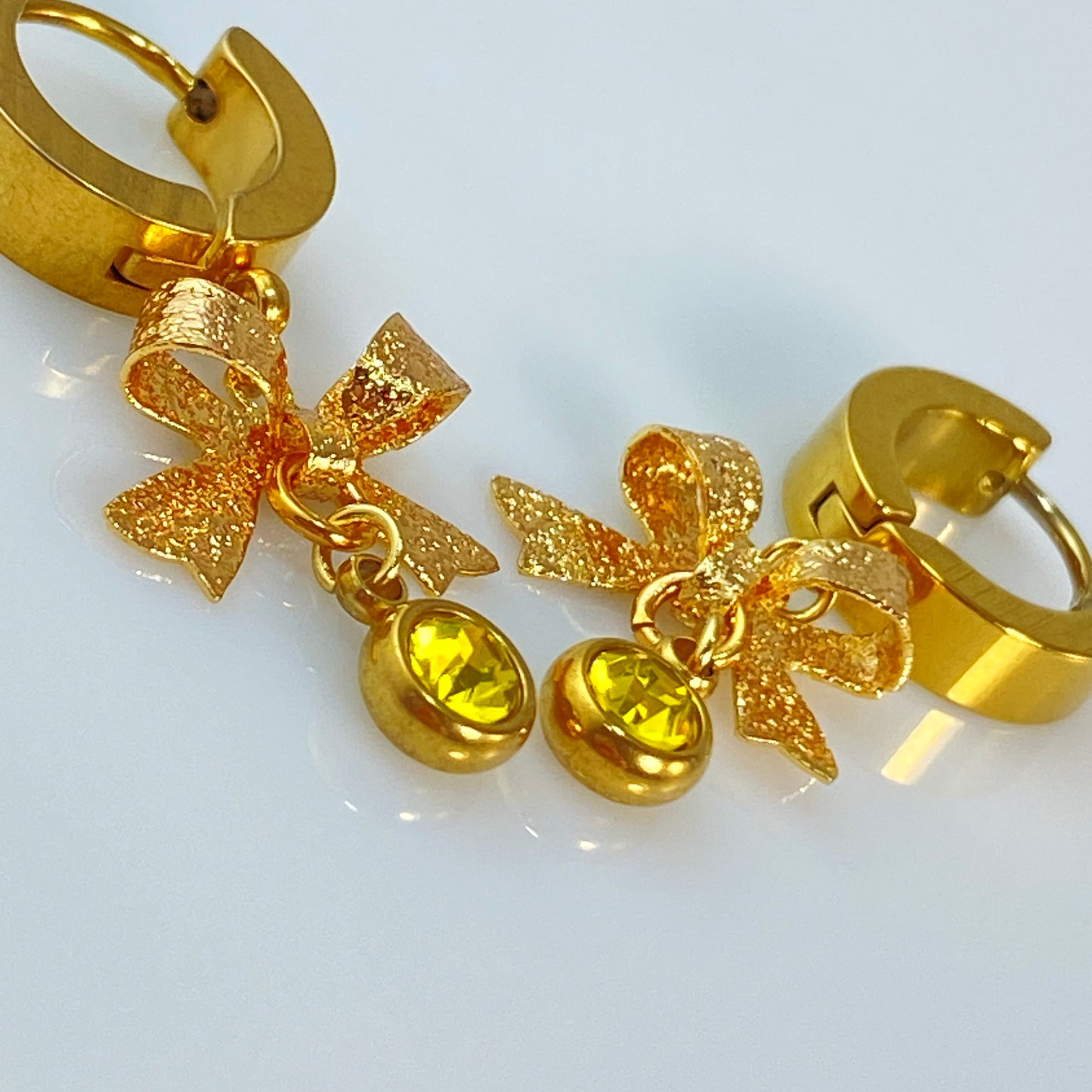Gold Bows & Birthstone Huggie Hoop Earrings