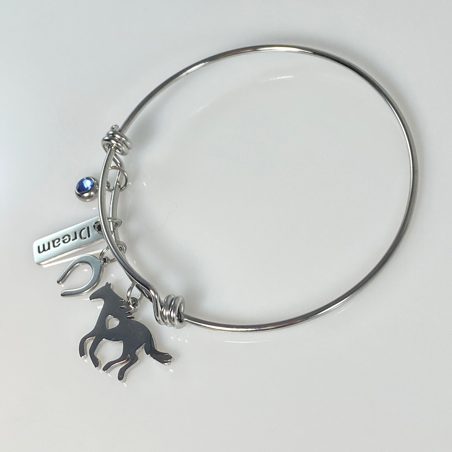 Silver Birthstone & Horse Charm Adjustable Bangle Bracelet - MADE IN CANADA