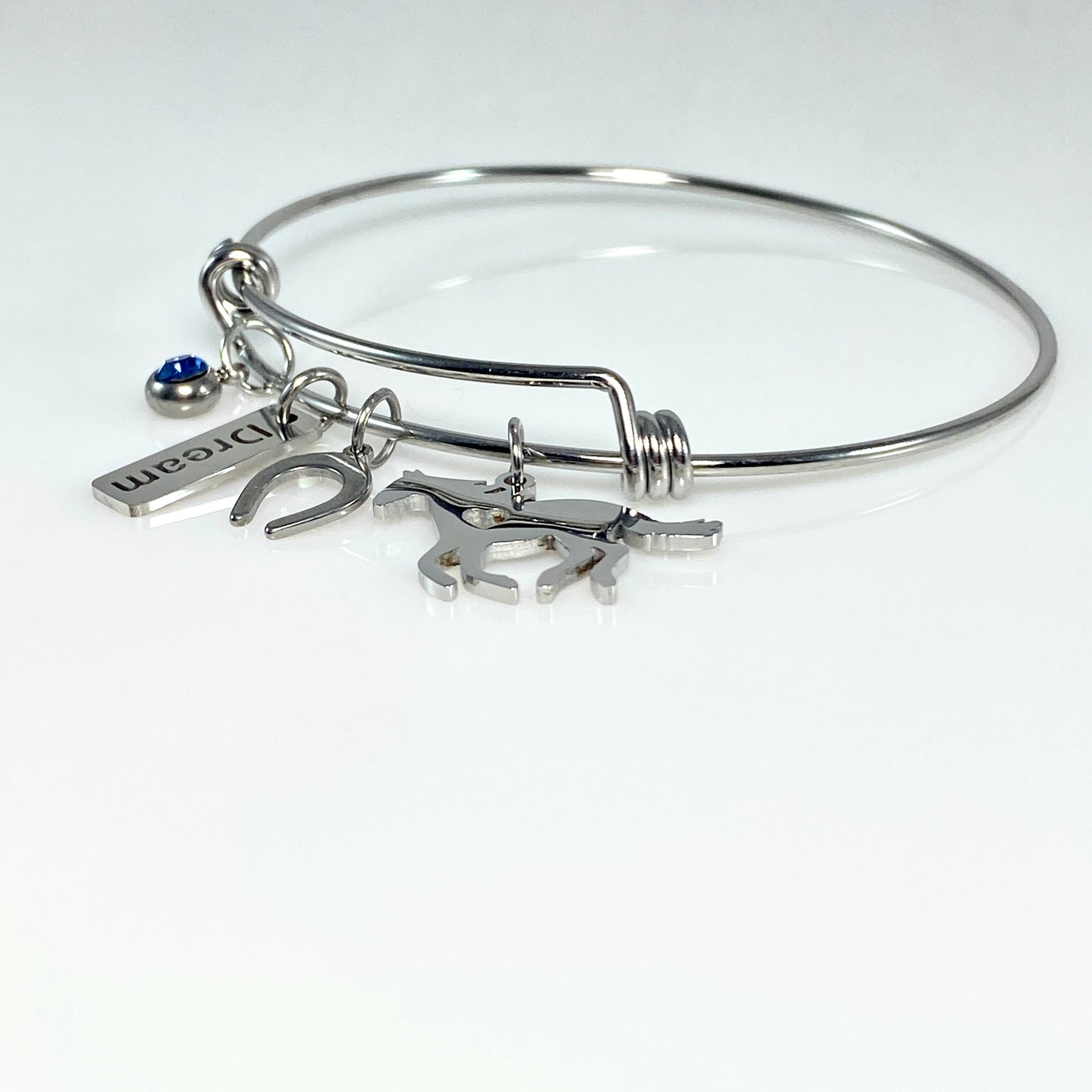 Silver Birthstone & Horse Charm Adjustable Bangle Bracelet - MADE IN CANADA