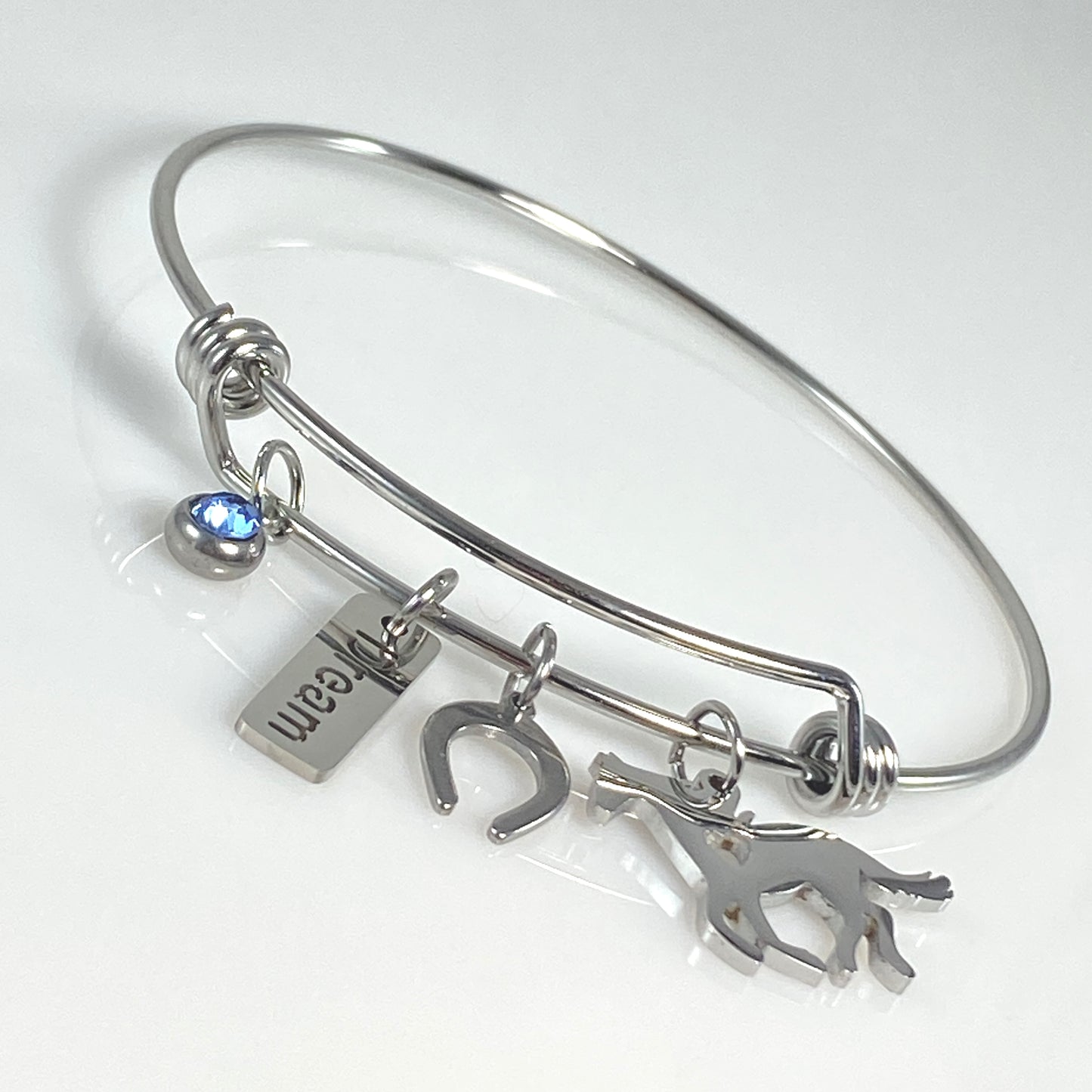 Silver Birthstone & Horse Charm Adjustable Bangle Bracelet - MADE IN CANADA