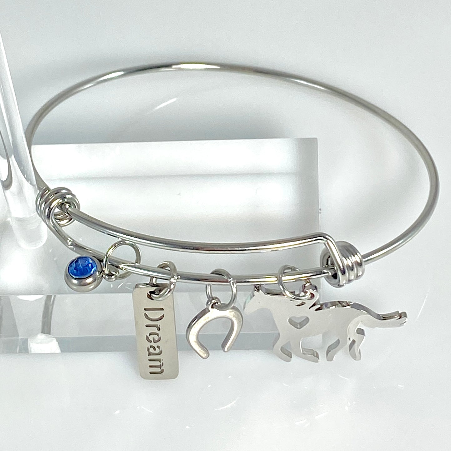 Silver Birthstone & Horse Charm Adjustable Bangle Bracelet - MADE IN CANADA