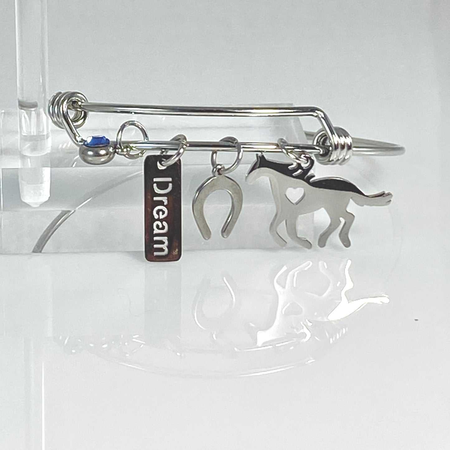 Silver Birthstone & Horse Charm Adjustable Bangle Bracelet - MADE IN CANADA