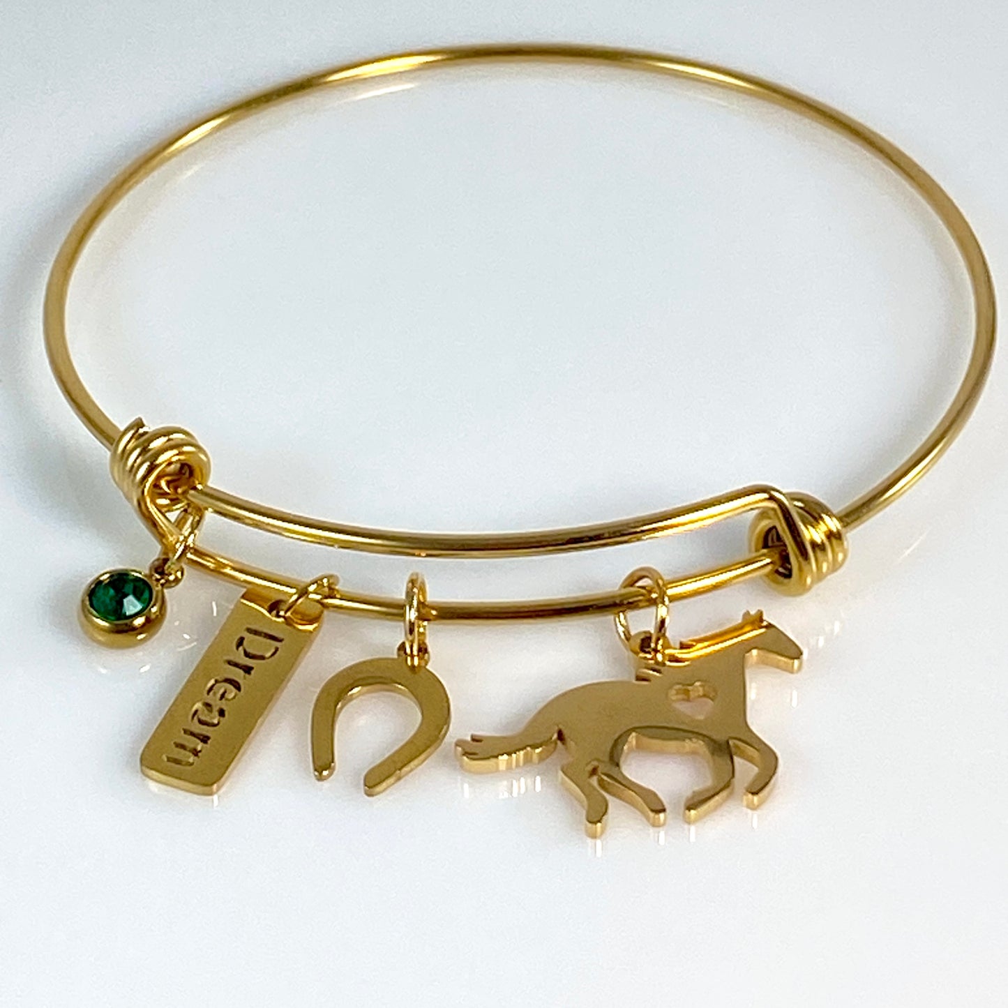 Gold Birthstone & Horse Adjustable Bangle Bracelet