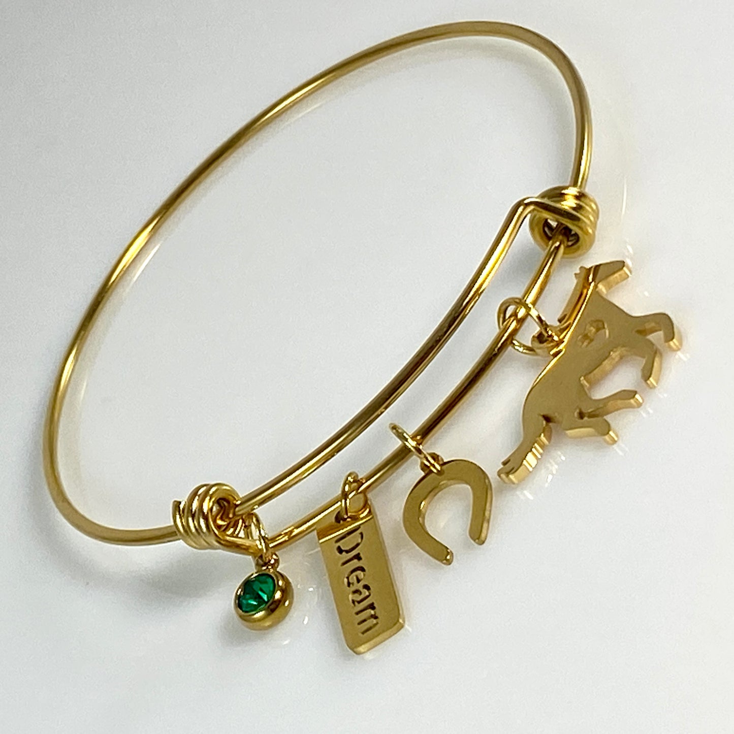 Gold Birthstone & Horse Charm Adjustable Bangle Bracelet - MADE IN CANADA
