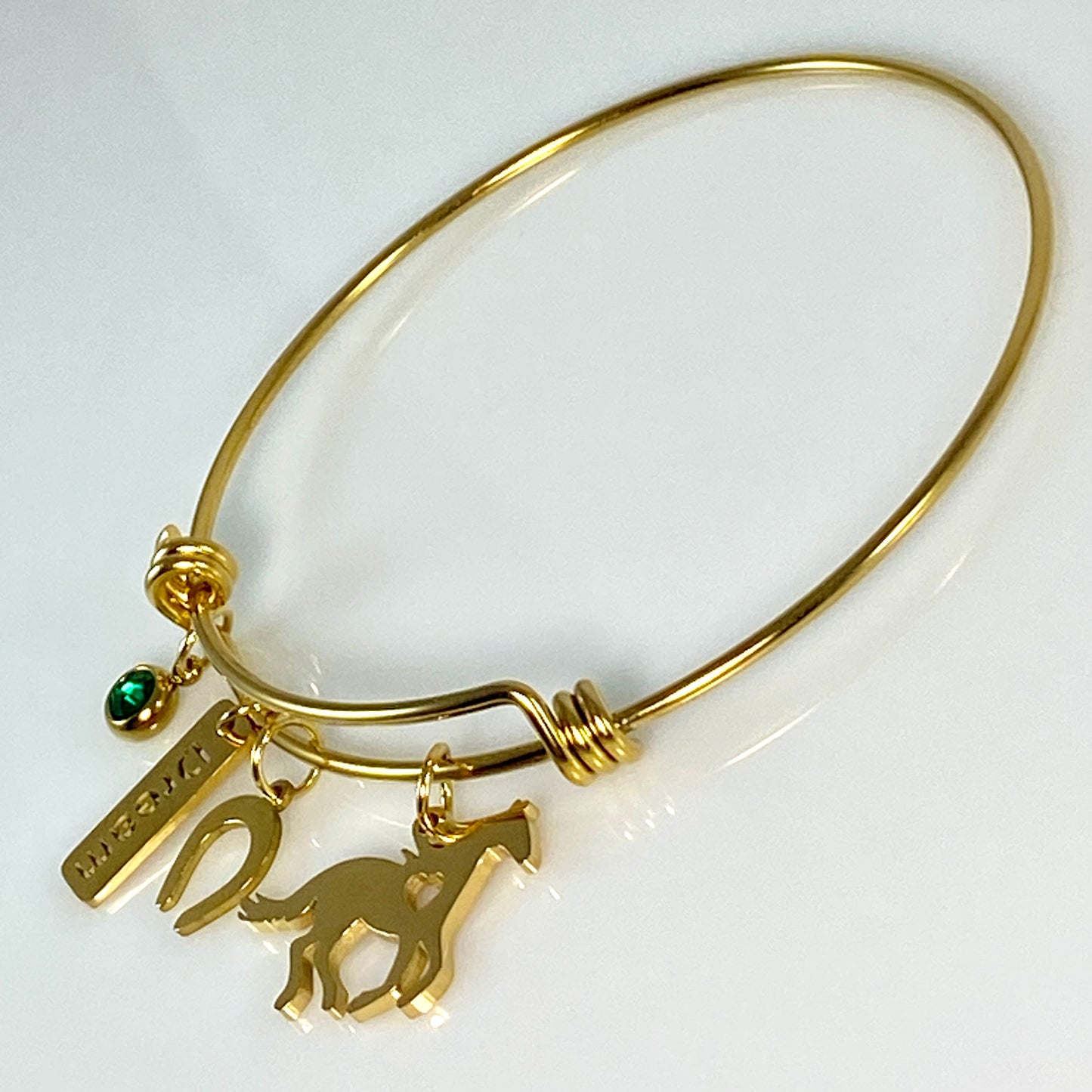 Gold Birthstone & Horse Charm Adjustable Bangle Bracelet - MADE IN CANADA