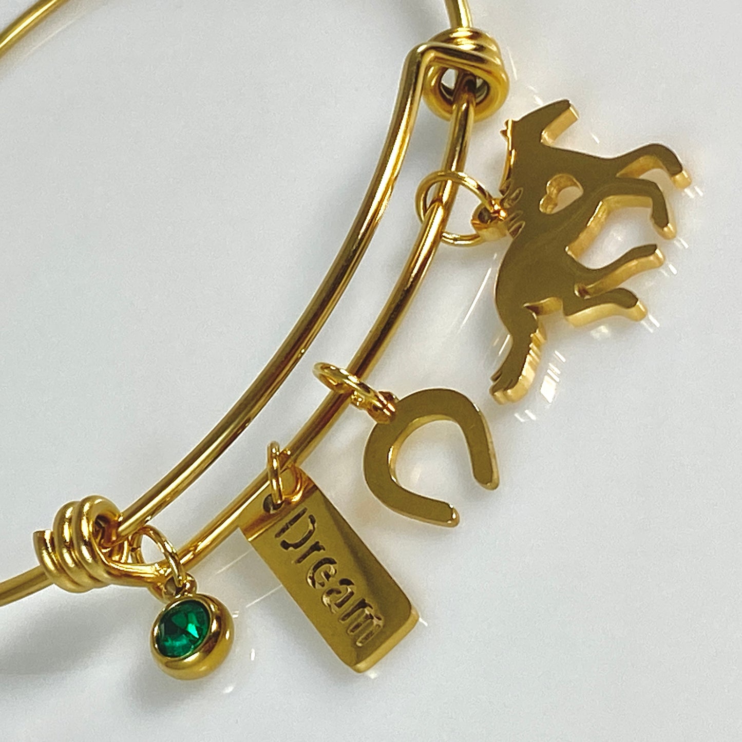 Gold Birthstone & Horse Charm Adjustable Bangle Bracelet - MADE IN CANADA