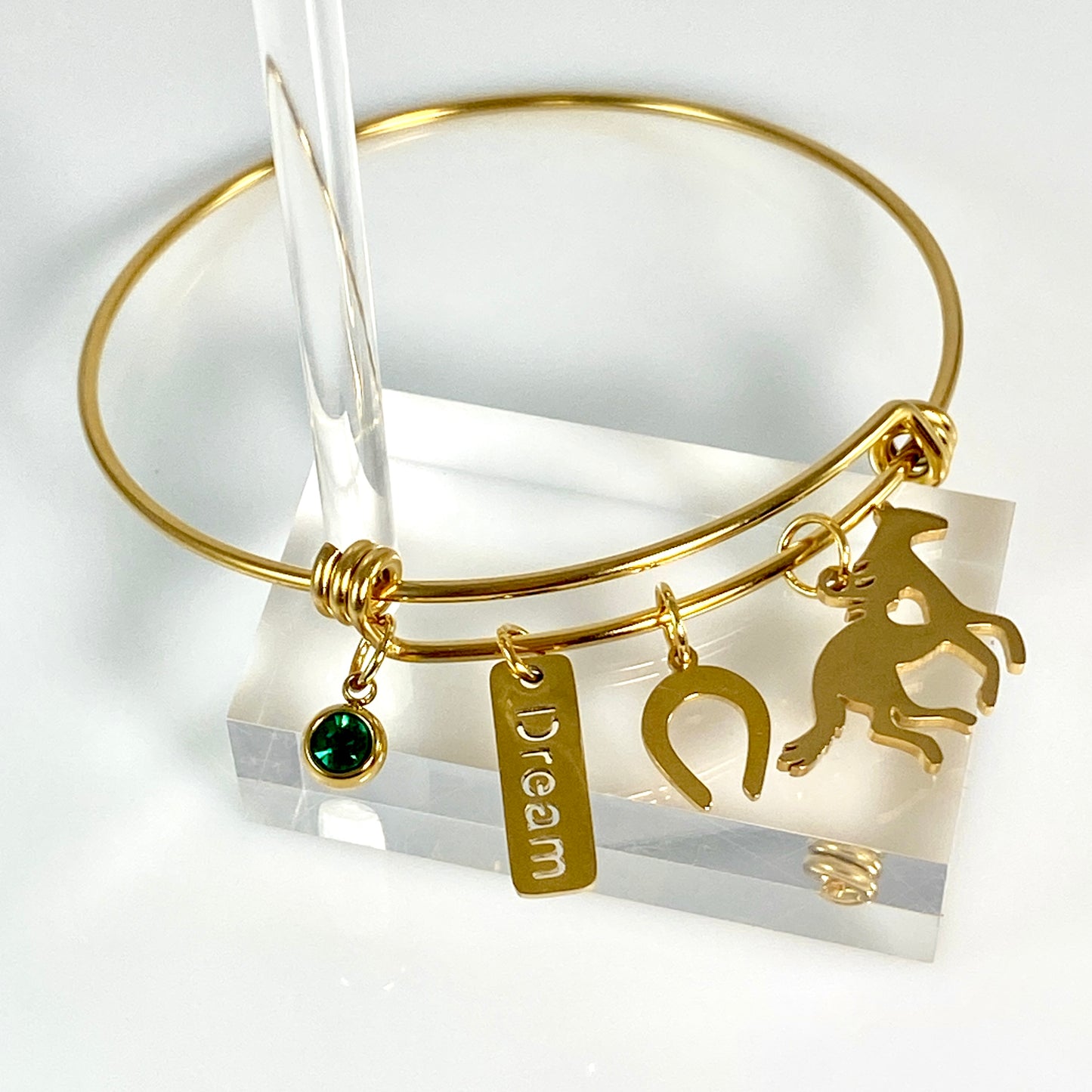 Gold Birthstone & Horse Charm Adjustable Bangle Bracelet - MADE IN CANADA