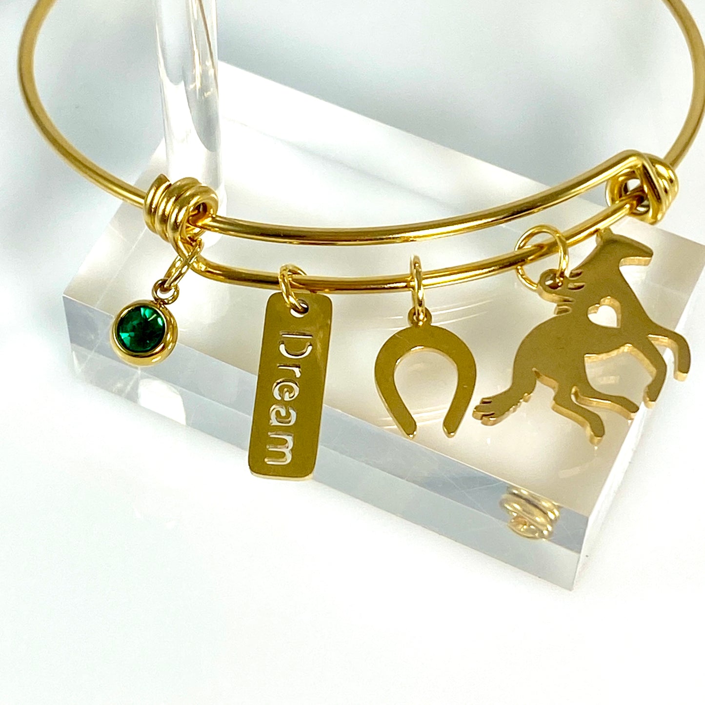 Gold Birthstone & Horse Charm Adjustable Bangle Bracelet - MADE IN CANADA