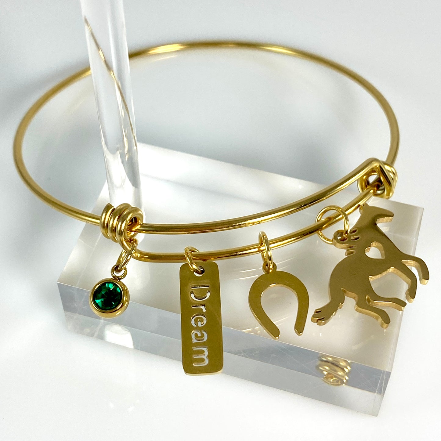 Gold Birthstone & Horse Charm Adjustable Bangle Bracelet - MADE IN CANADA