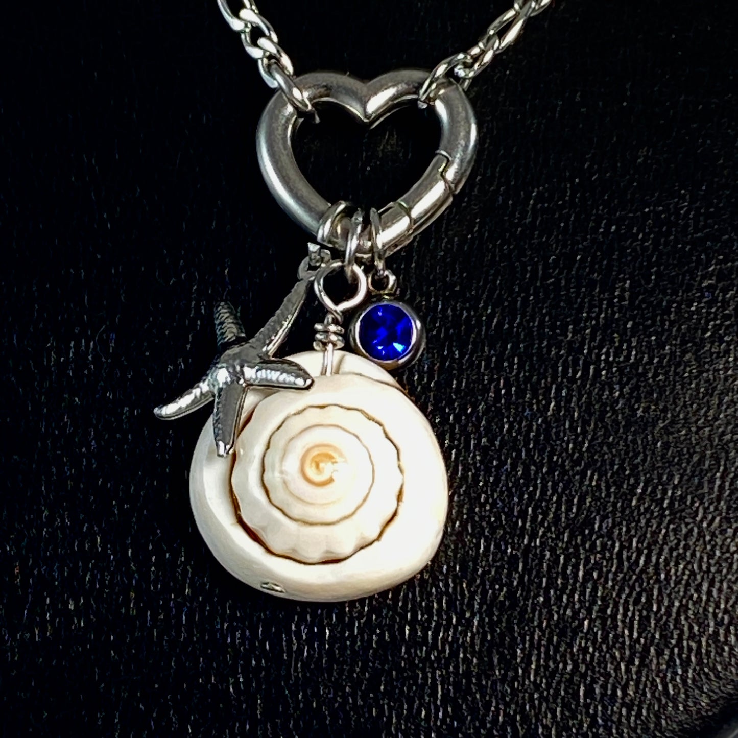 Silver Beach Seastar, Shell & Birthstone Heart Carabiner Figaro Chain Necklace