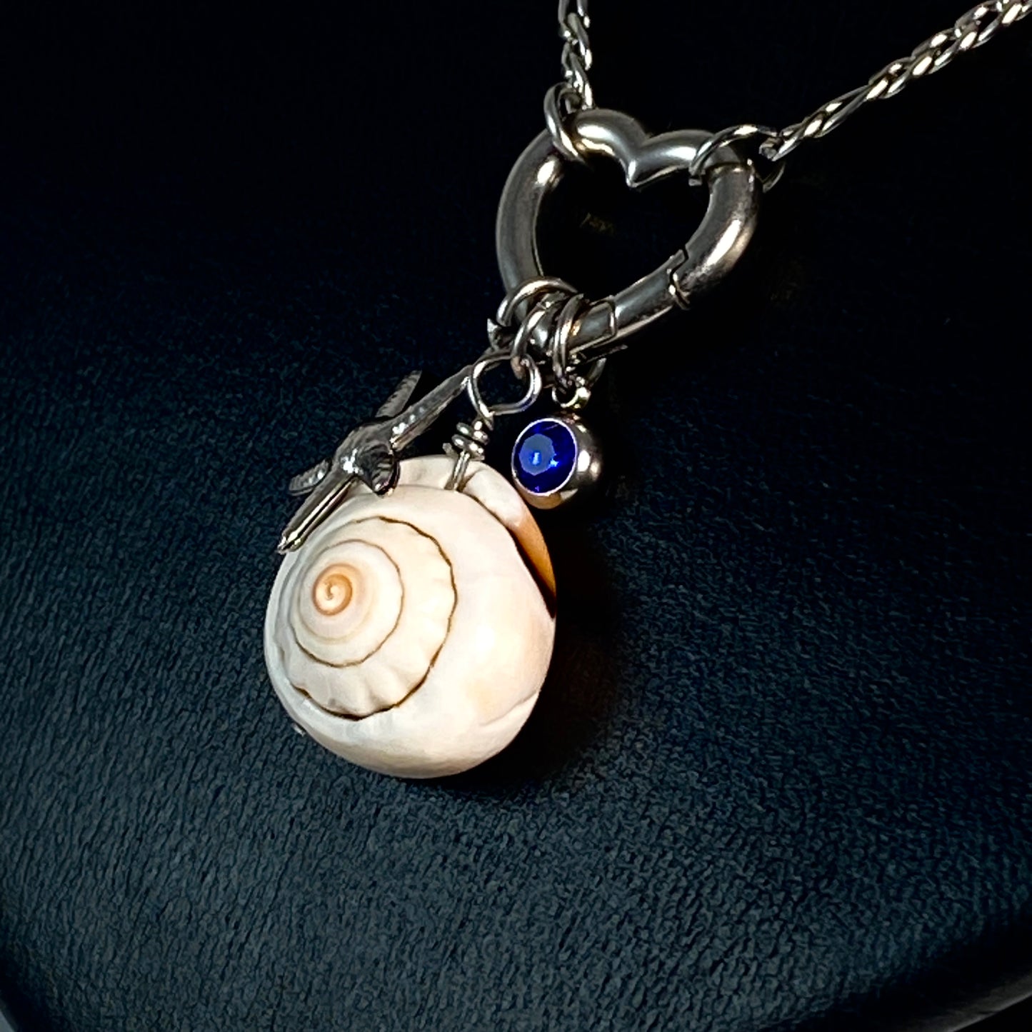 Silver Beach Seastar, Shell & Birthstone Heart Carabiner Figaro Chain Necklace