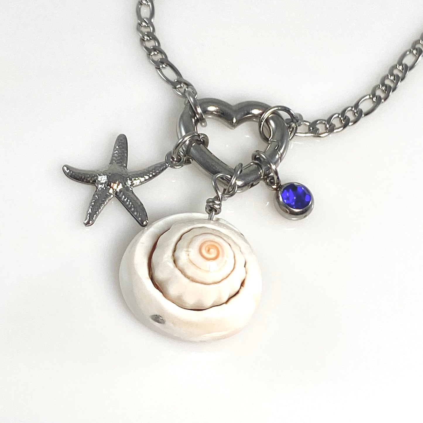 Silver Beach Seastar, Shell & Birthstone Heart Carabiner Figaro Chain Necklace