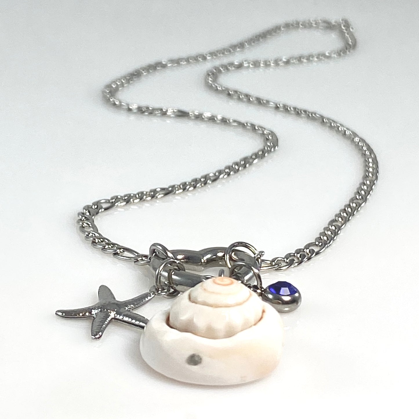 Silver Beach Seastar, Shell & Birthstone Heart Carabiner Figaro Chain Necklace