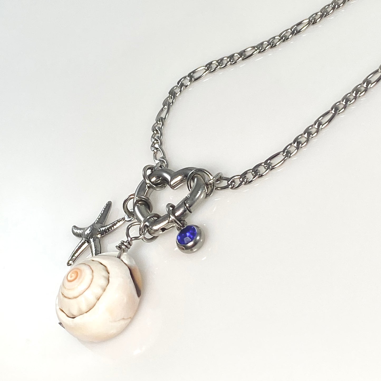 Silver Beach Seastar, Shell & Birthstone Heart Carabiner Figaro Chain Necklace