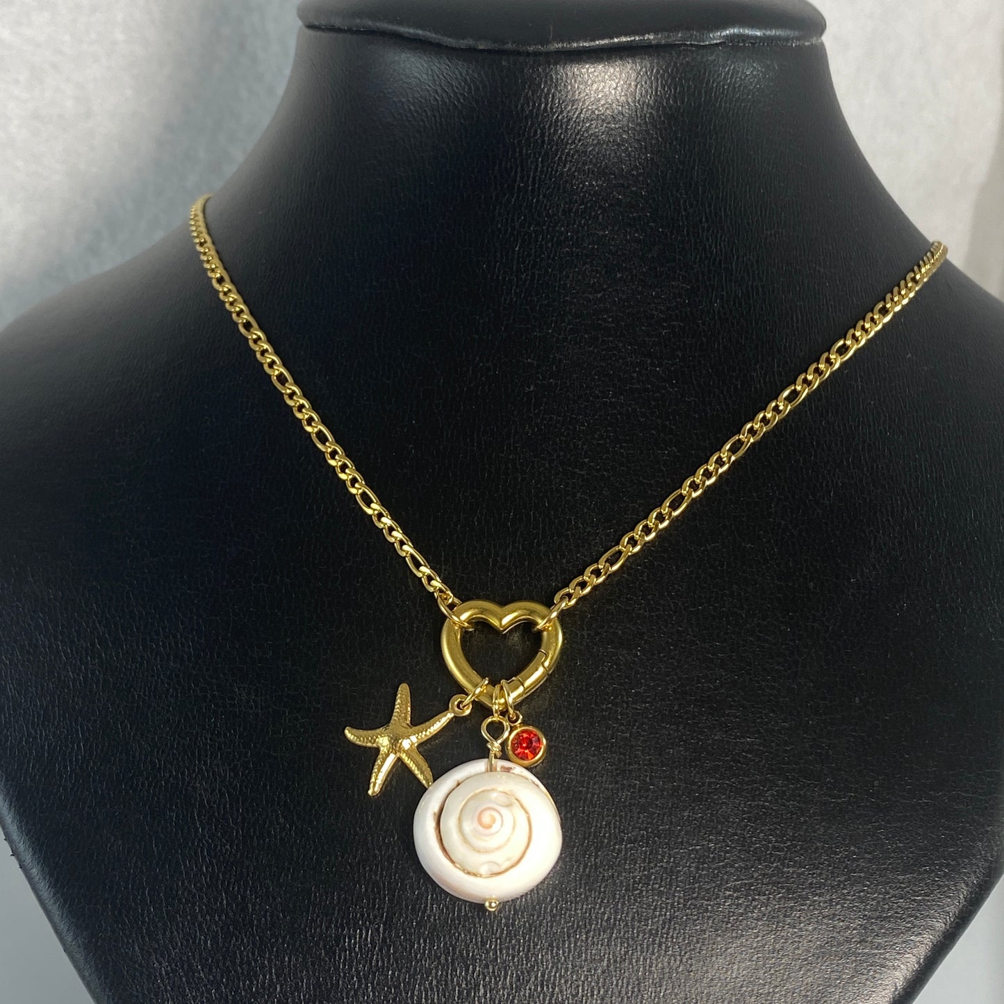 Gold Beach Seastar, Shell & Birthstone Heart Carabiner Figaro Chain Necklace
