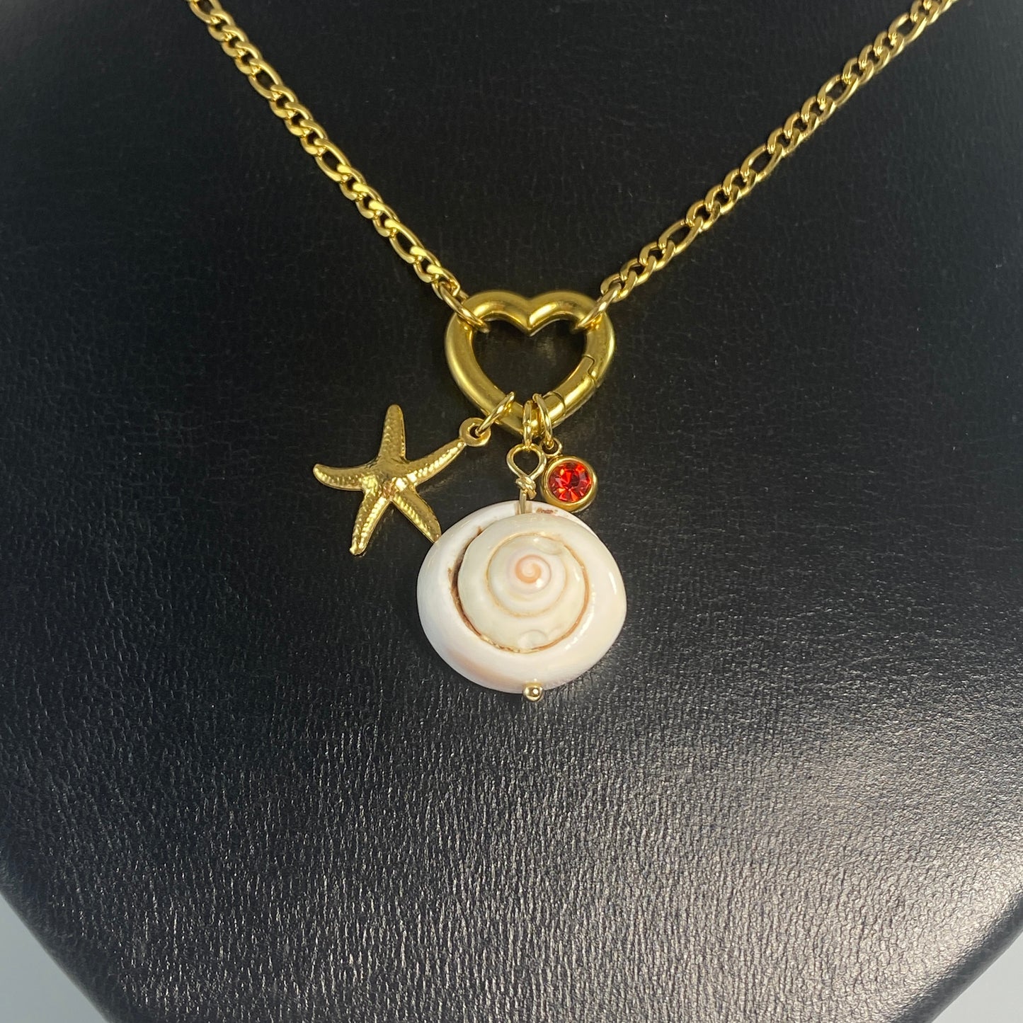 Gold Beach Seastar, Shell & Birthstone Heart Carabiner Figaro Chain Necklace