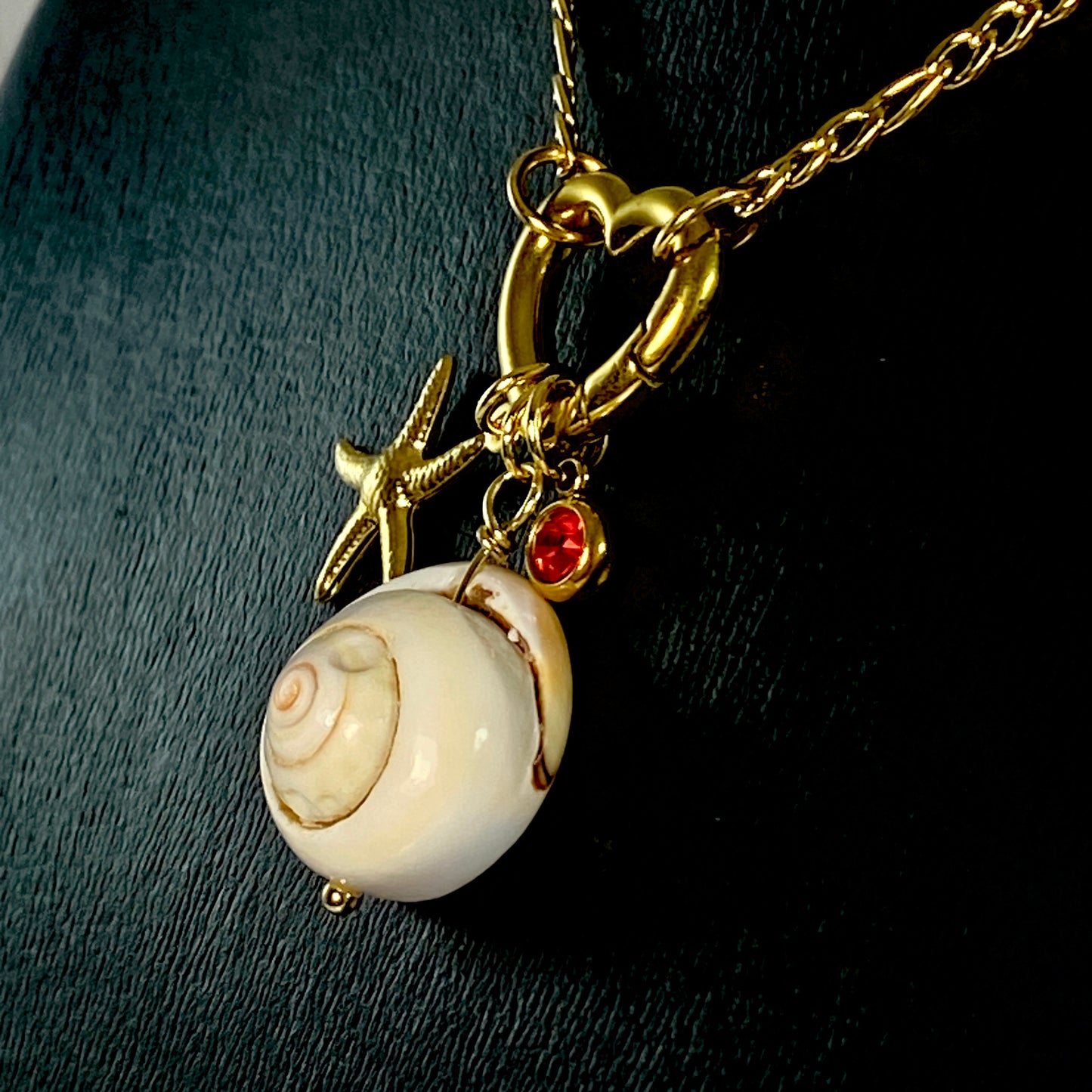 Gold Beach Seastar, Shell & Birthstone Heart Carabiner Figaro Chain Necklace