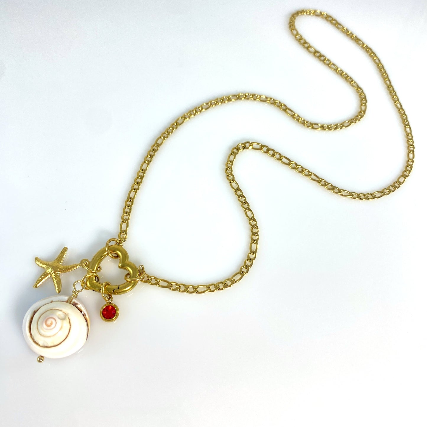 Gold Beach Seastar, Shell & Birthstone Heart Carabiner Figaro Chain Necklace