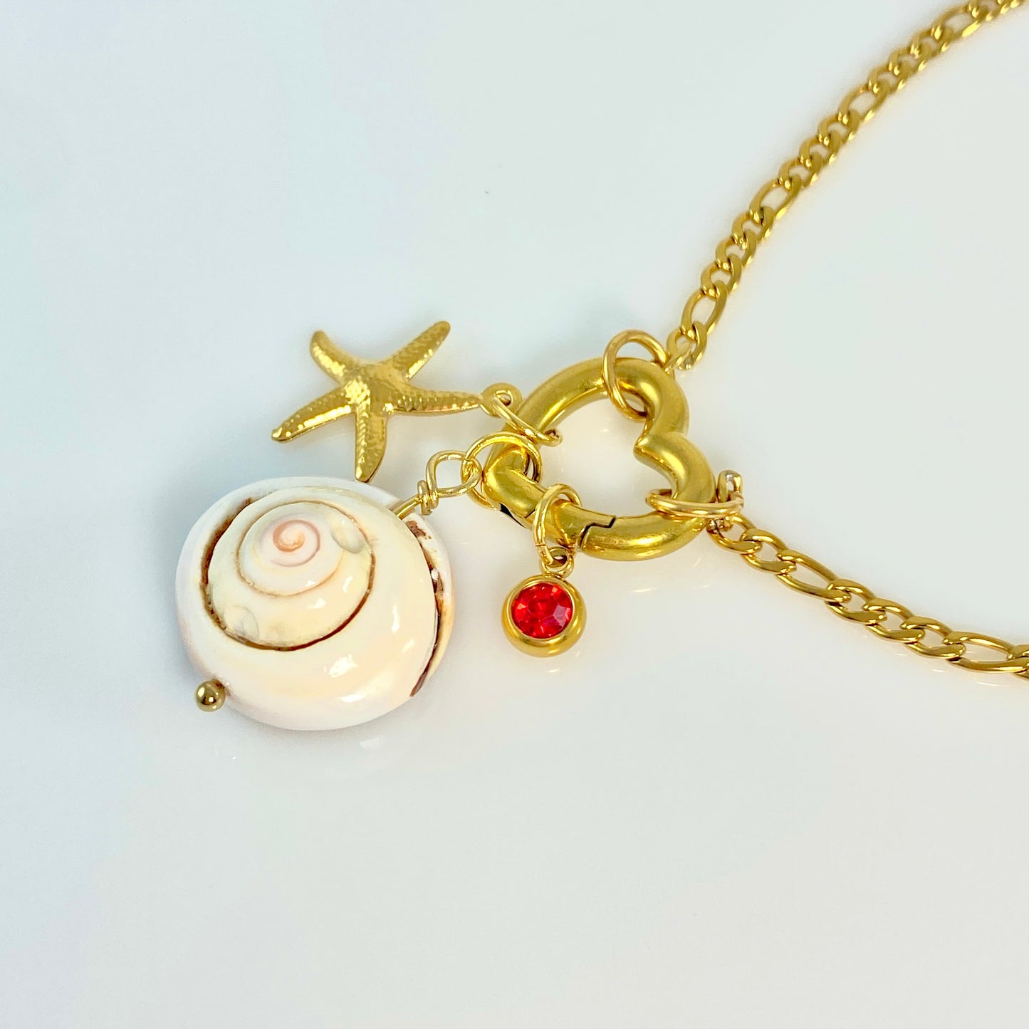 Gold Beach Seastar, Shell & Birthstone Heart Carabiner Figaro Chain Necklace
