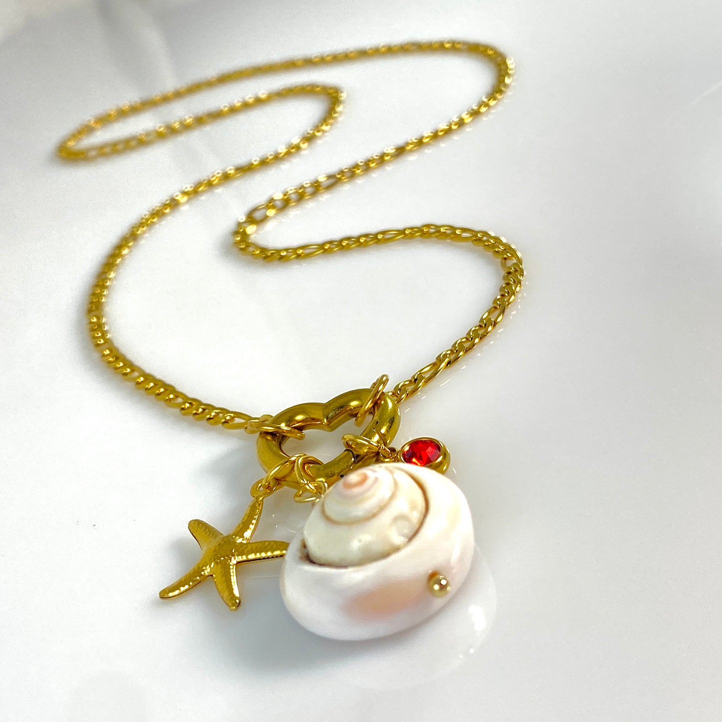 Gold Beach Seastar, Shell & Birthstone Heart Carabiner Figaro Chain Necklace