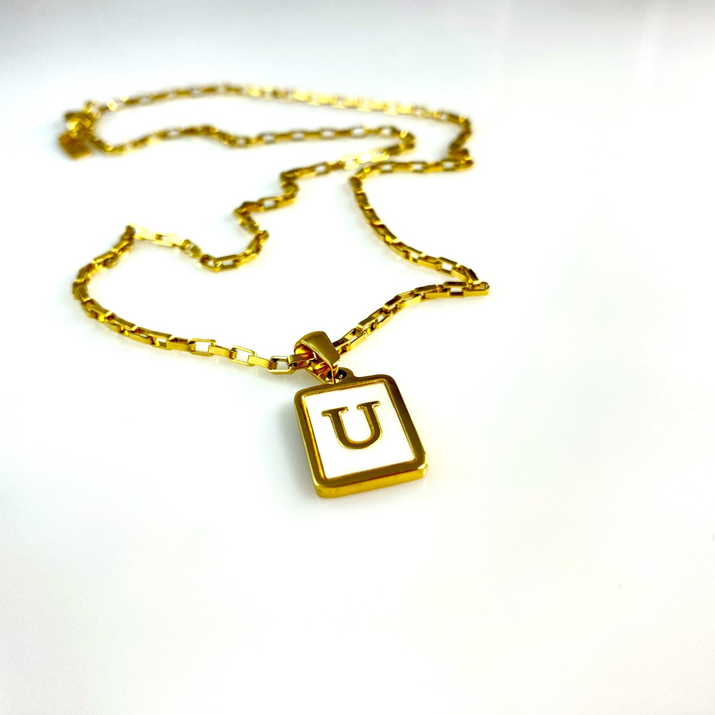 Mother of Pearl Rectangular Initial Letter Elongated Box Chain Necklace