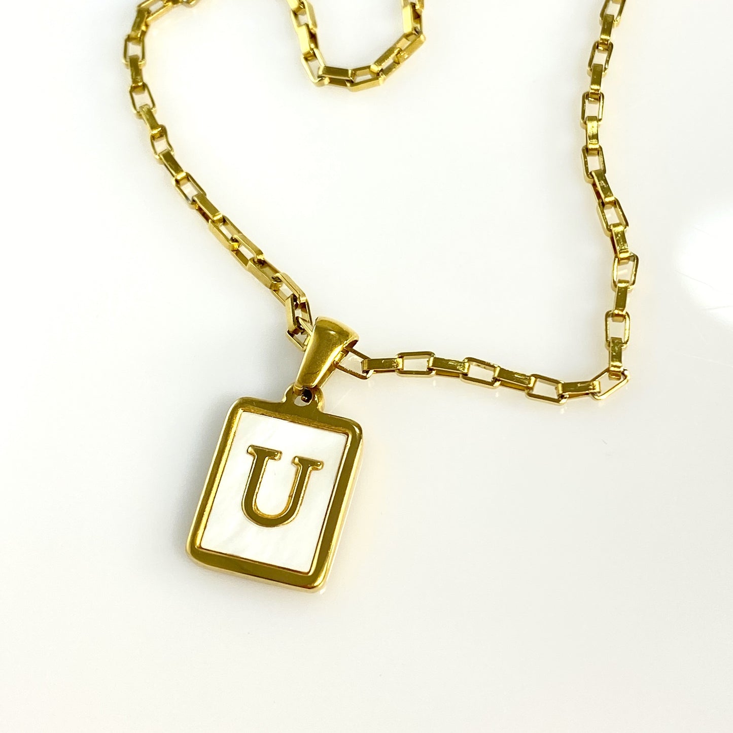 Mother of Pearl Rectangular Initial Letter Elongated Box Chain Necklace