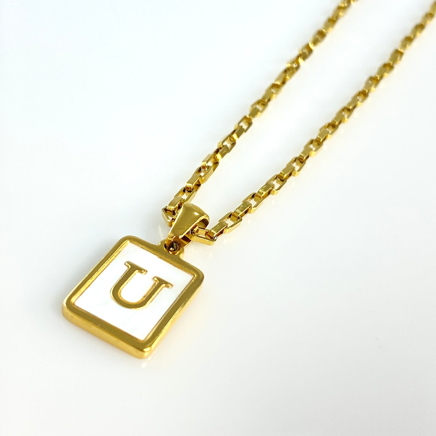 Mother of Pearl Rectangular Initial Letter Elongated Box Chain Necklace