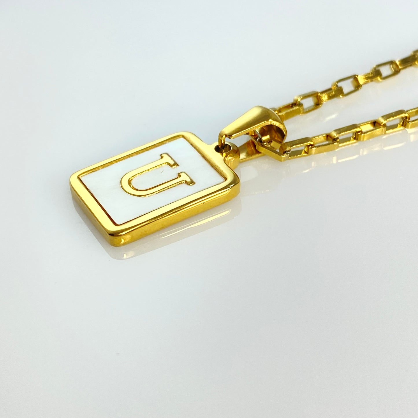 Mother of Pearl Rectangular Initial Letter Elongated Box Chain Necklace