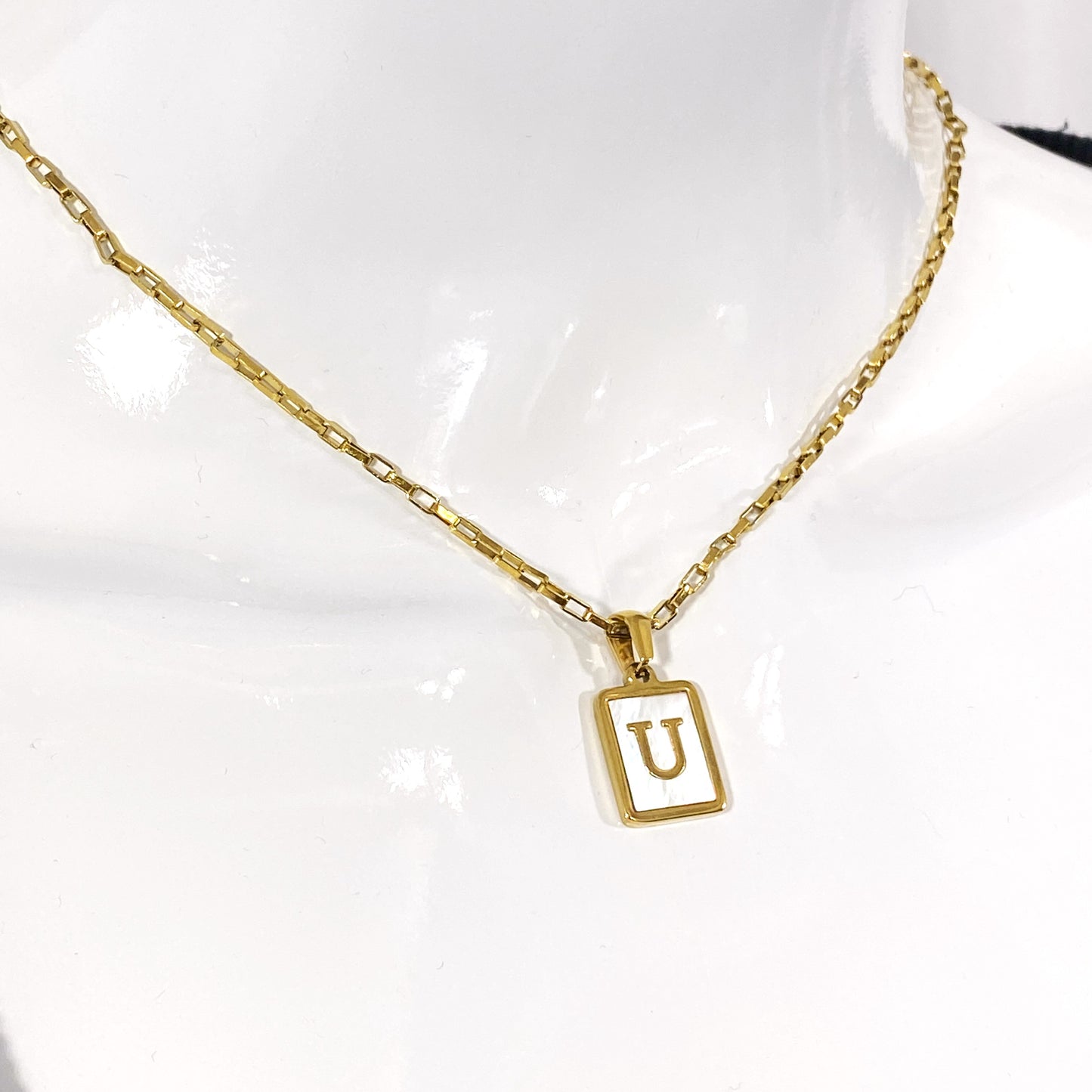 Mother of Pearl Rectangular Initial Letter Elongated Box Chain Necklace