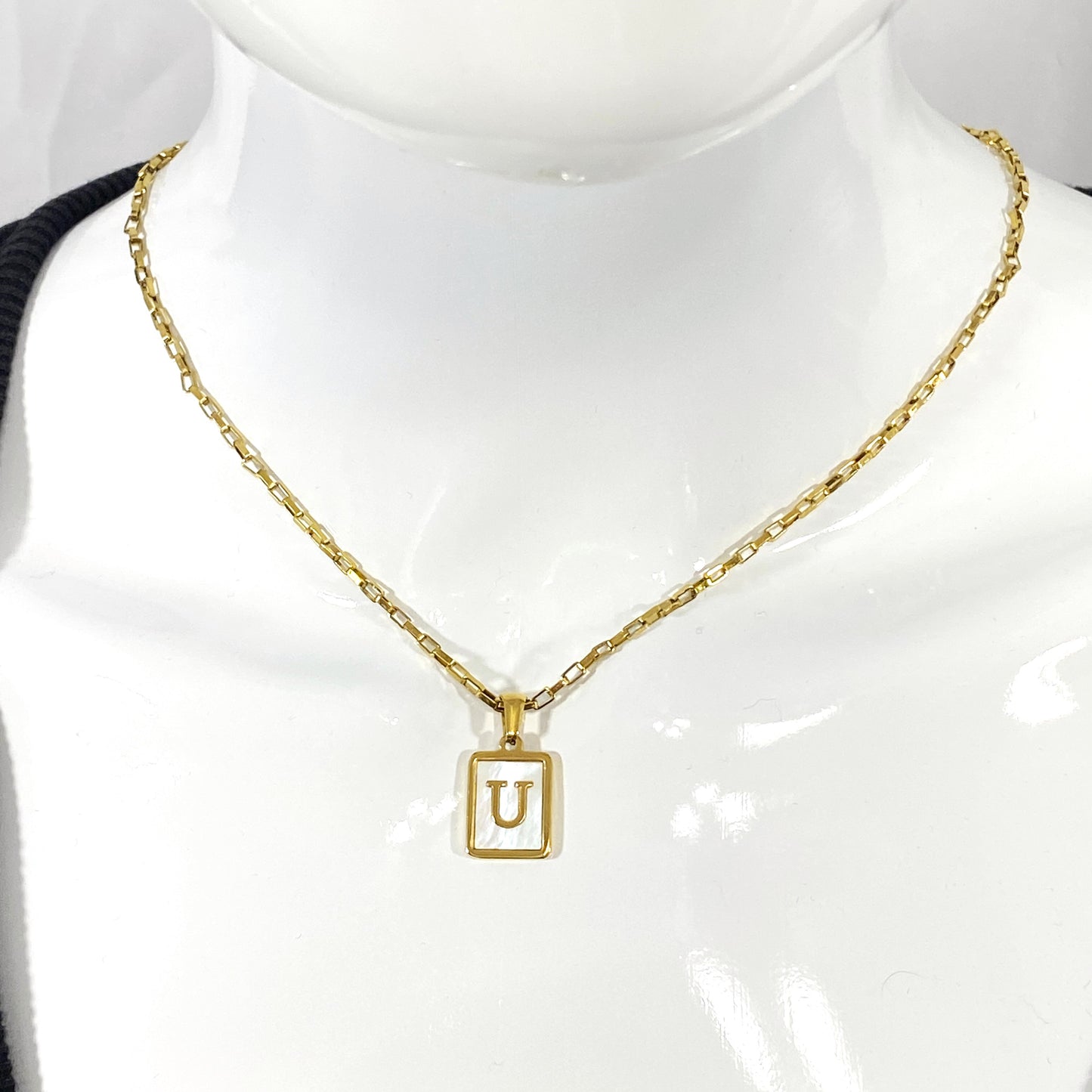 Mother of Pearl Rectangular Initial Letter Elongated Box Chain Necklace