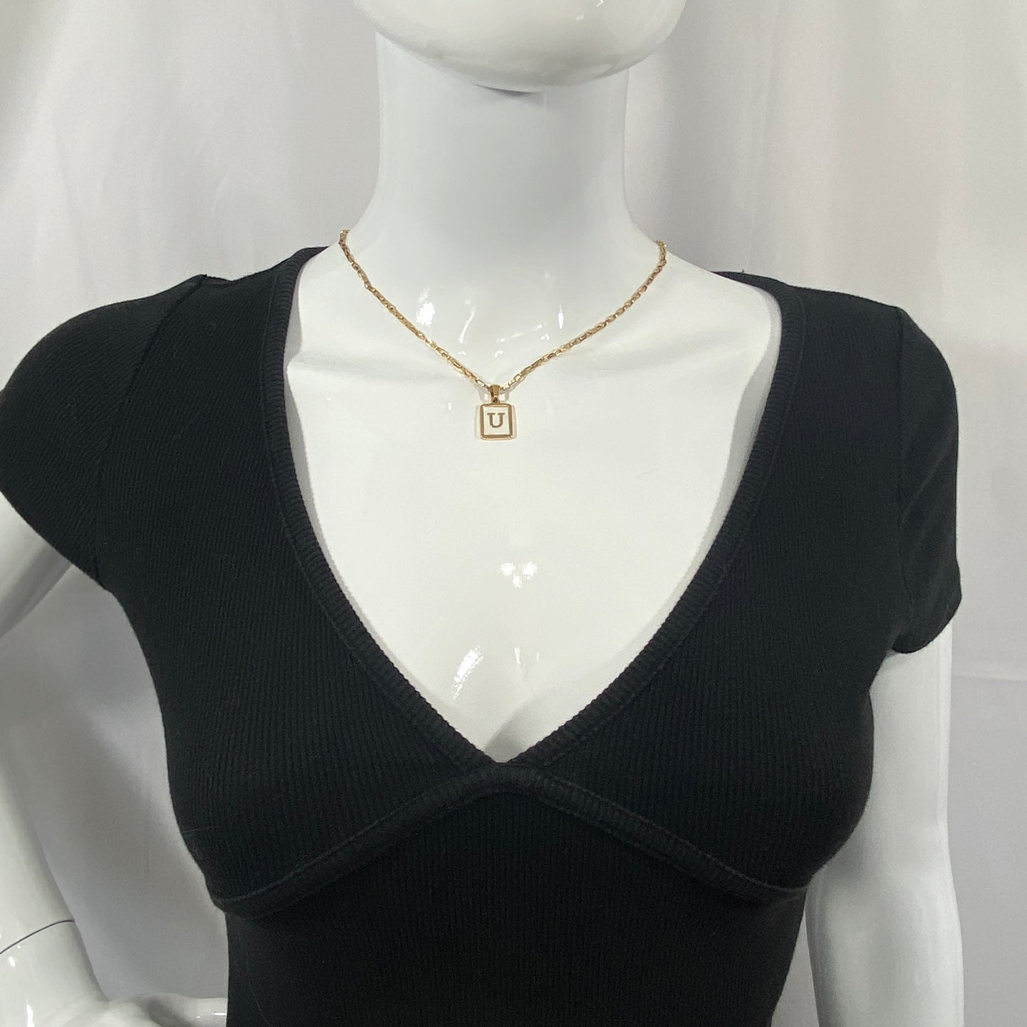 Mother of Pearl Rectangular Initial Letter Elongated Box Chain Necklace