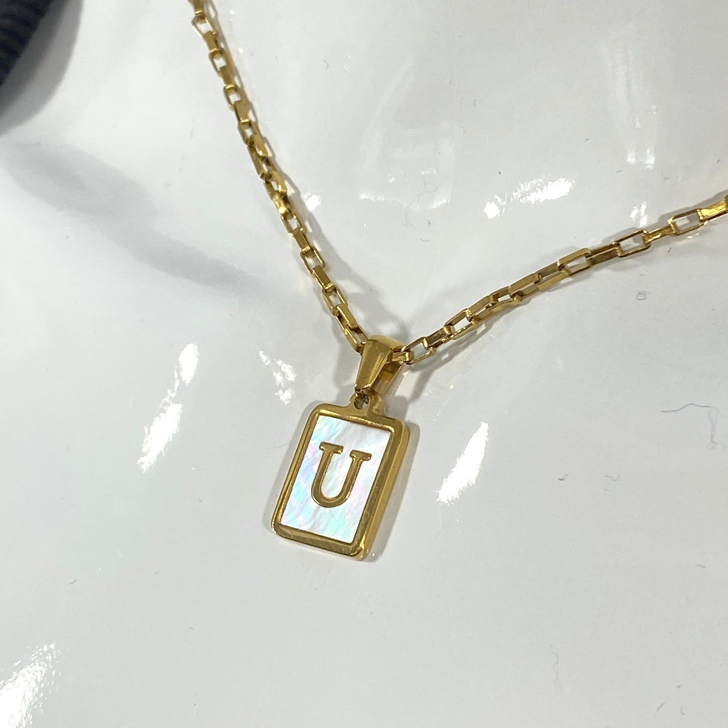 Mother of Pearl Rectangular Initial Letter Elongated Box Chain Necklace