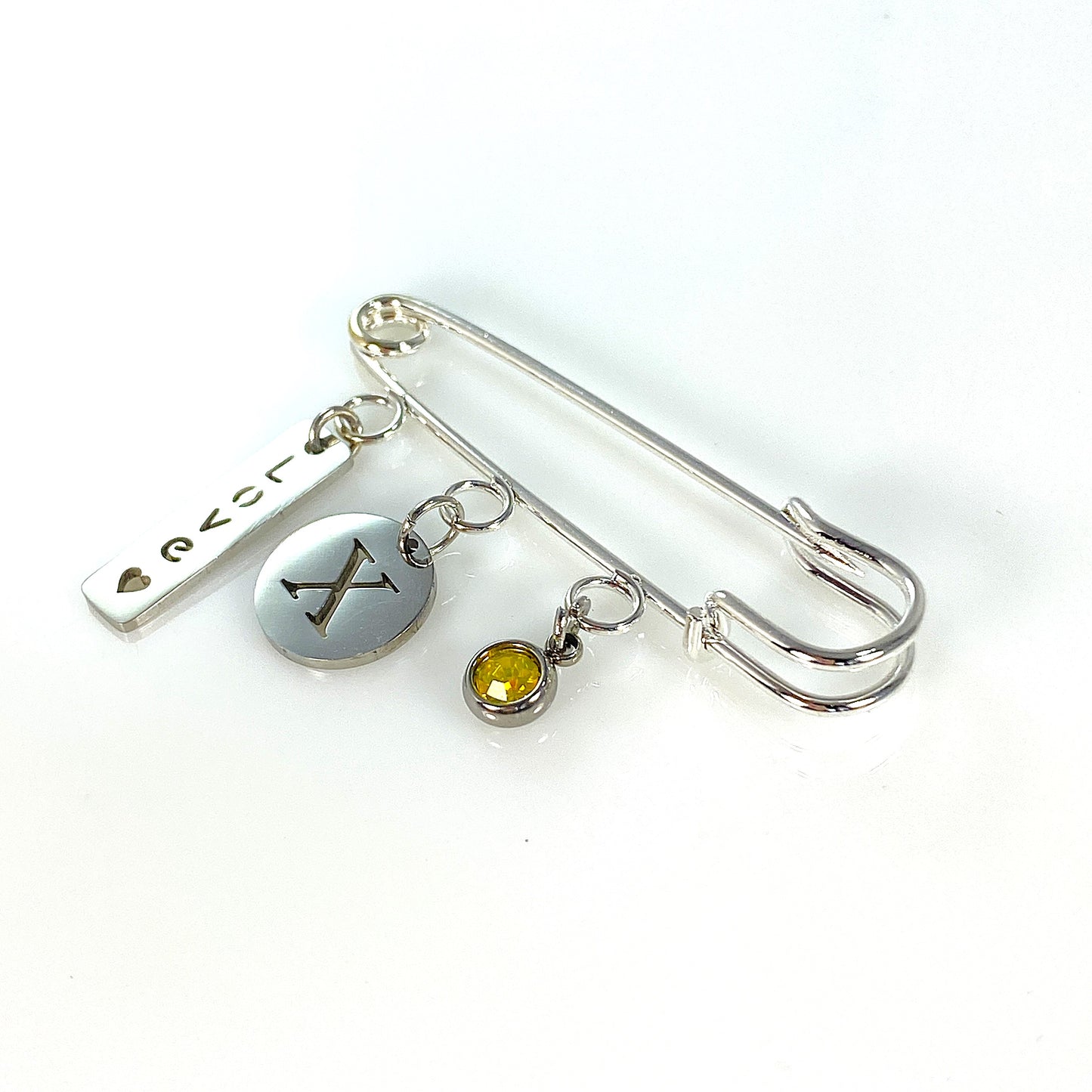 Birthstone & Initial Letter Safety Pin Brooch