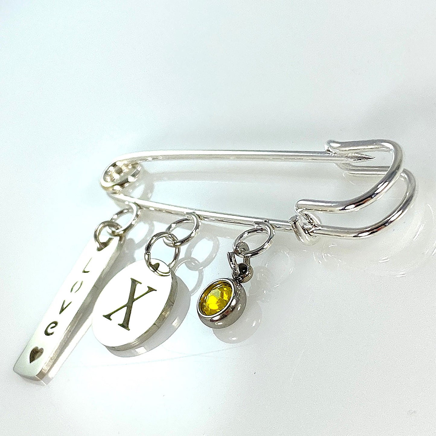 Birthstone & Initial Letter Safety Pin Brooch