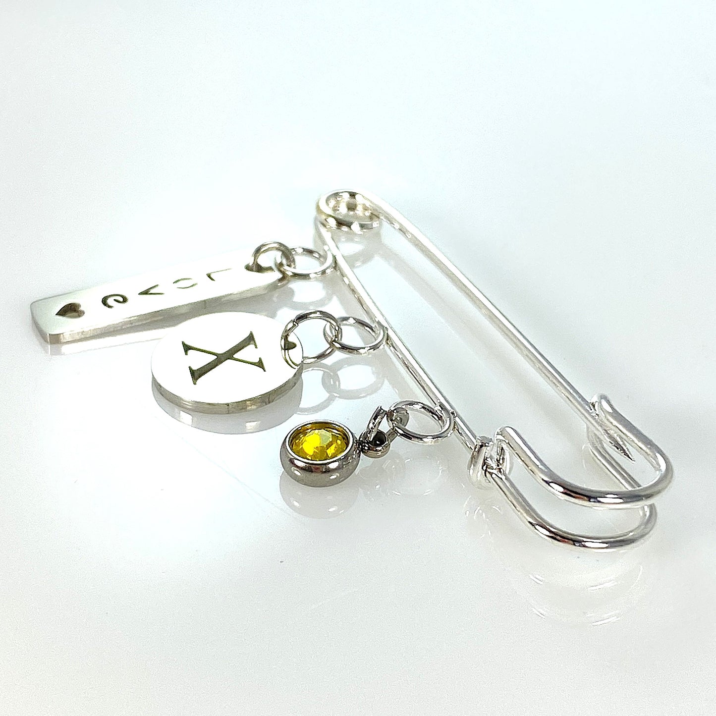 Birthstone & Initial Letter Safety Pin Brooch
