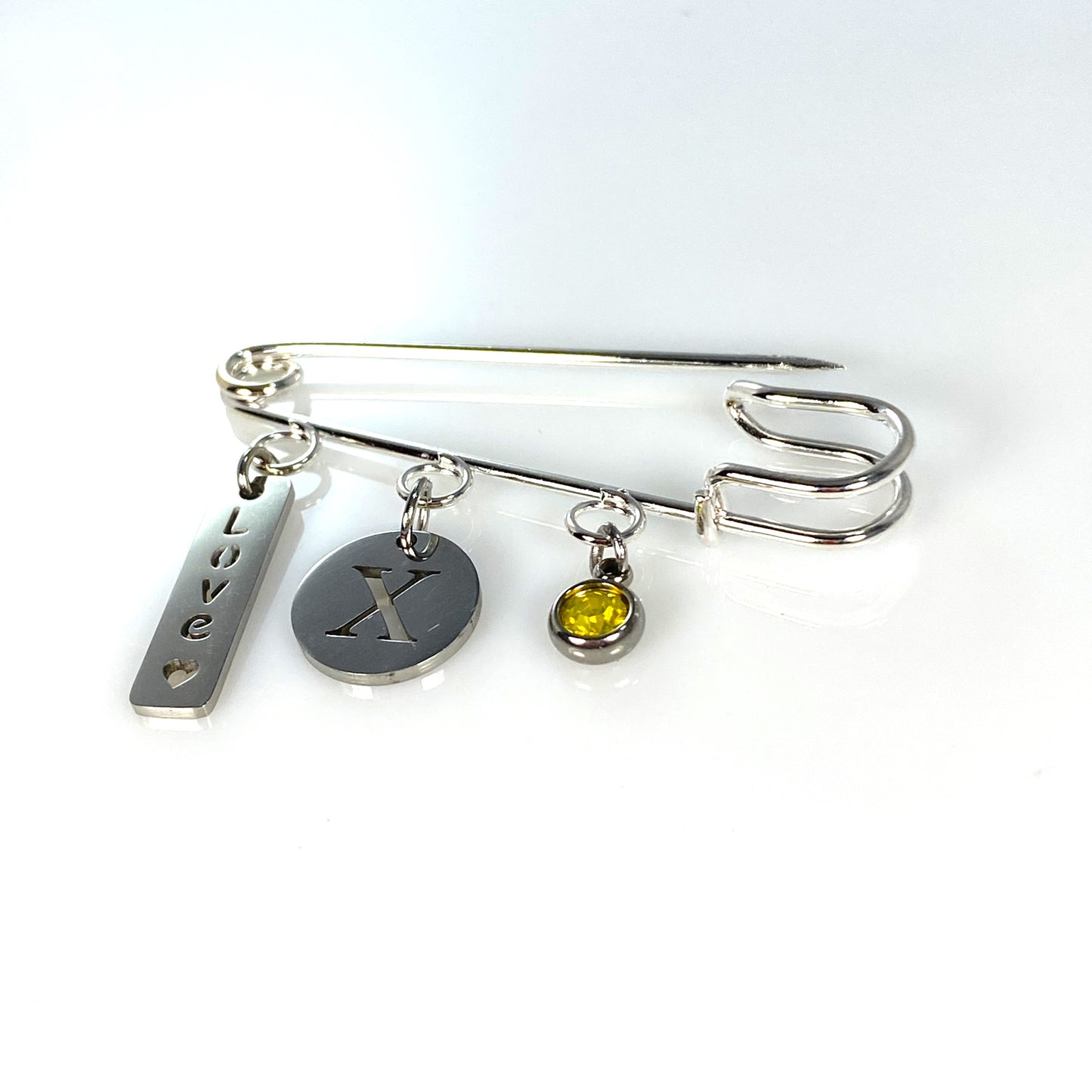 Birthstone & Initial Letter Safety Pin Brooch