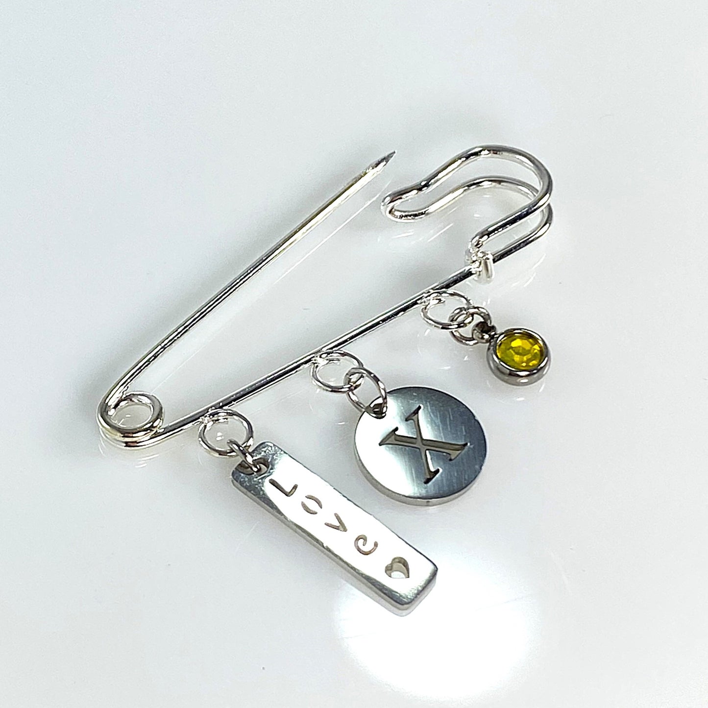 Birthstone & Initial Letter Safety Pin Brooch