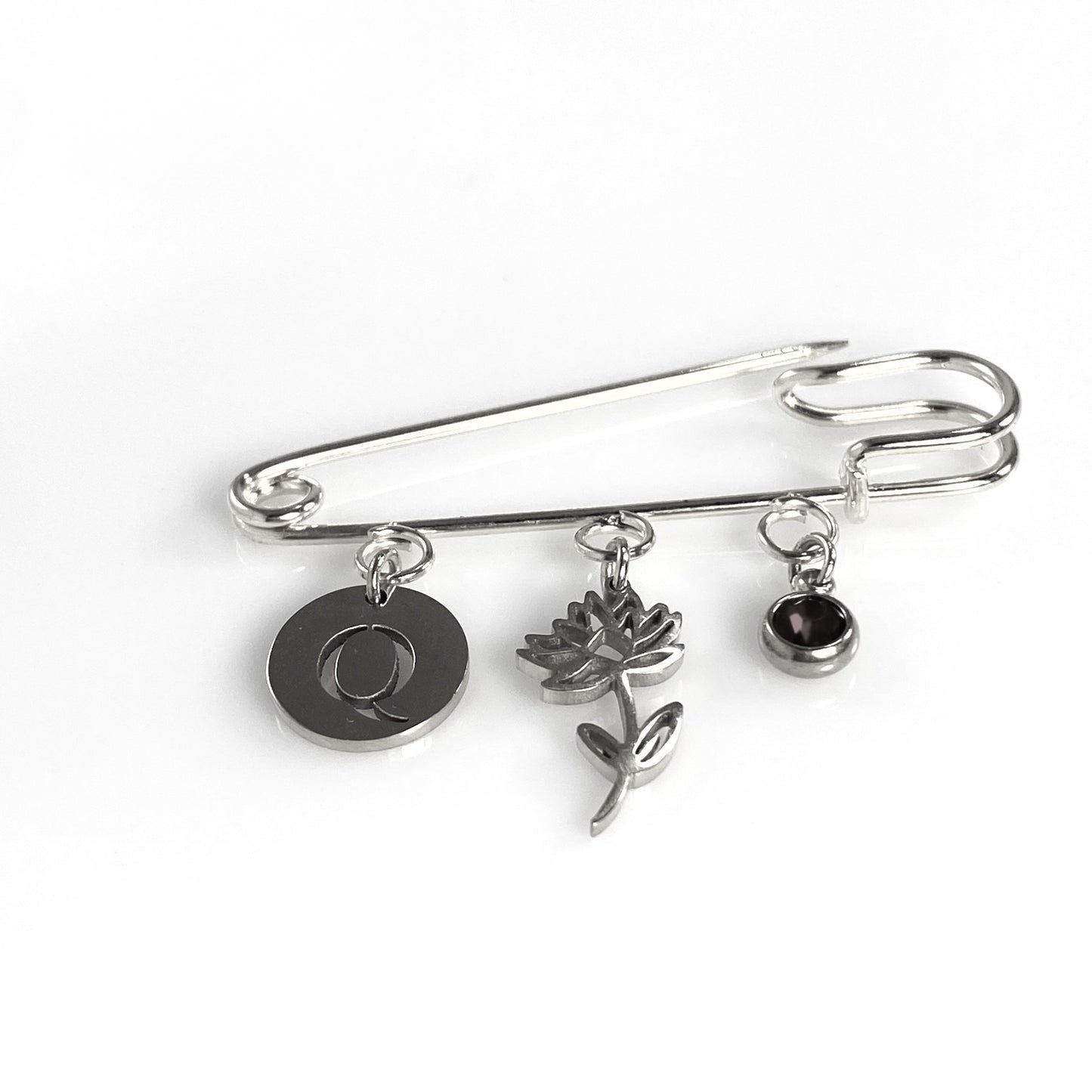 Birthstone, Birth Flower & Initial Letter Safety Pin Brooch