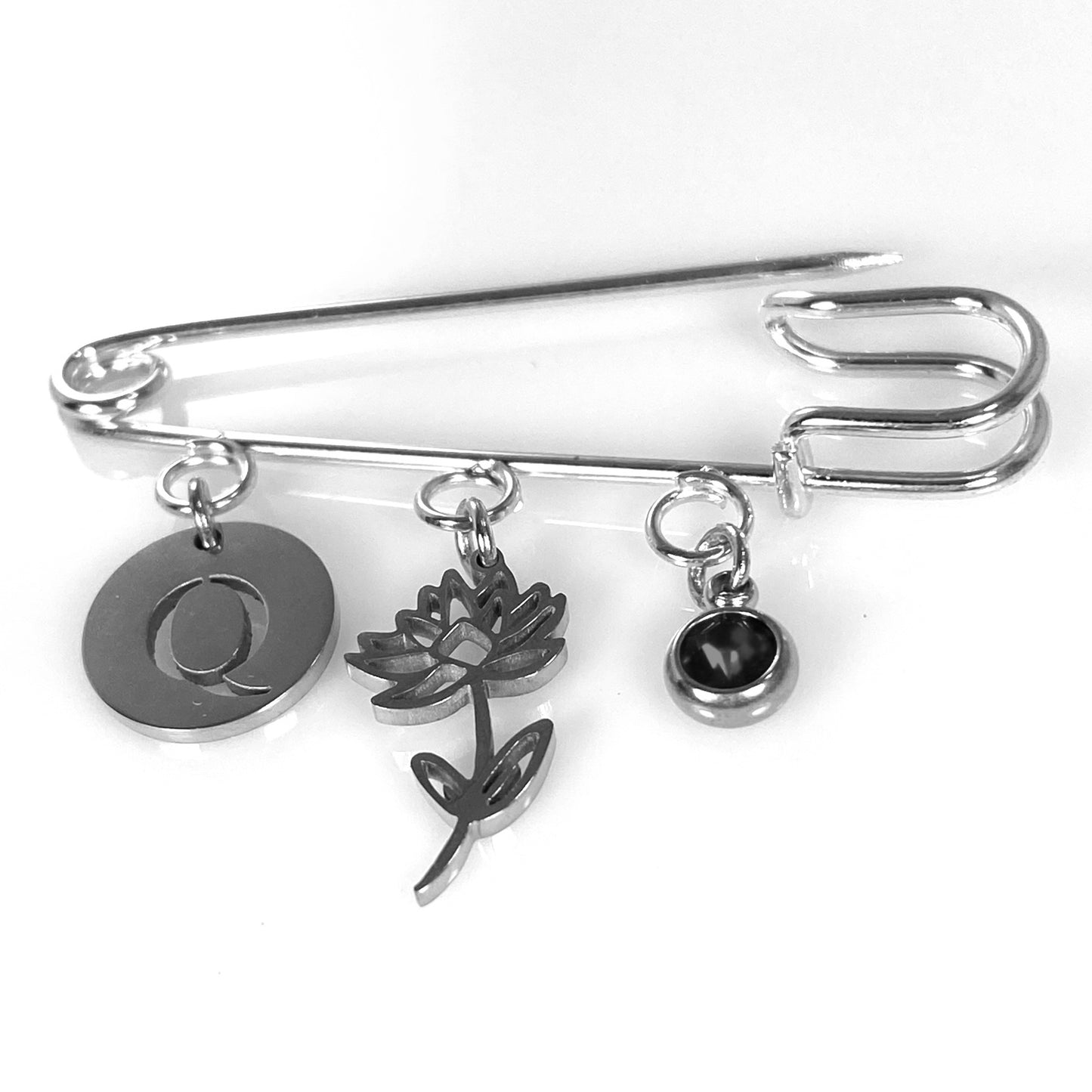 Birthstone, Birth Flower & Initial Letter Safety Pin Brooch