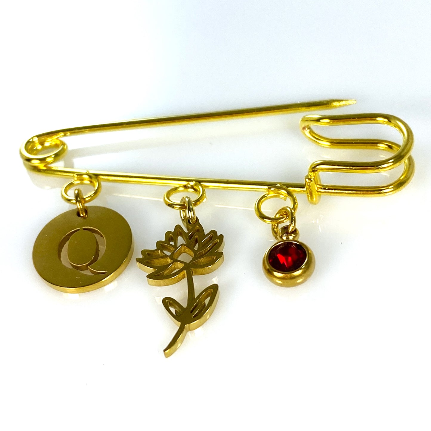 Birthstone, Birth Flower & Initial Letter Safety Pin Brooch